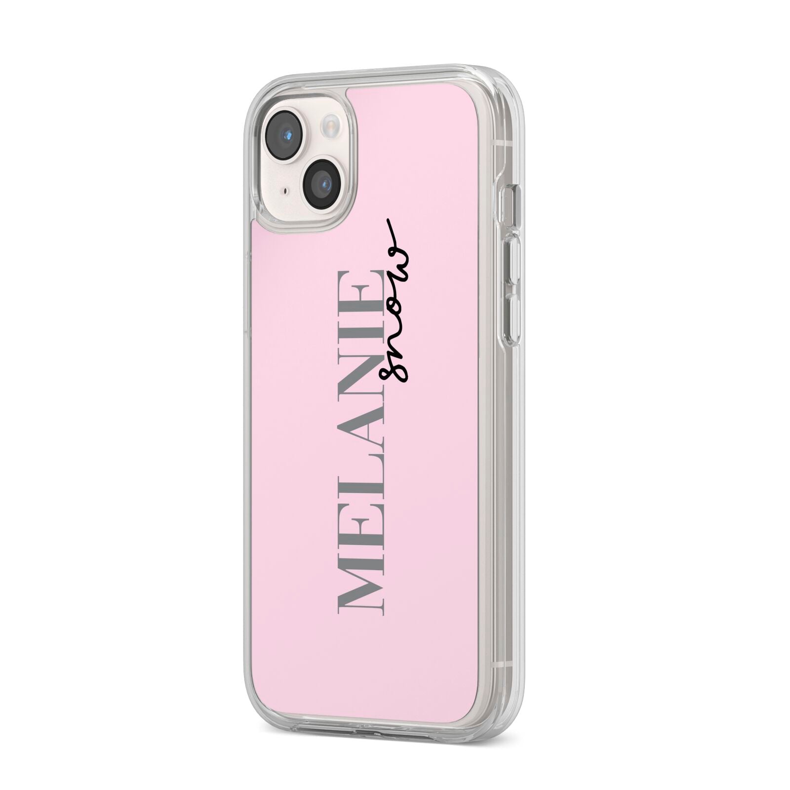 Personalised Dusty Pink Name iPhone 14 Plus Clear Tough Case Starlight Angled Image