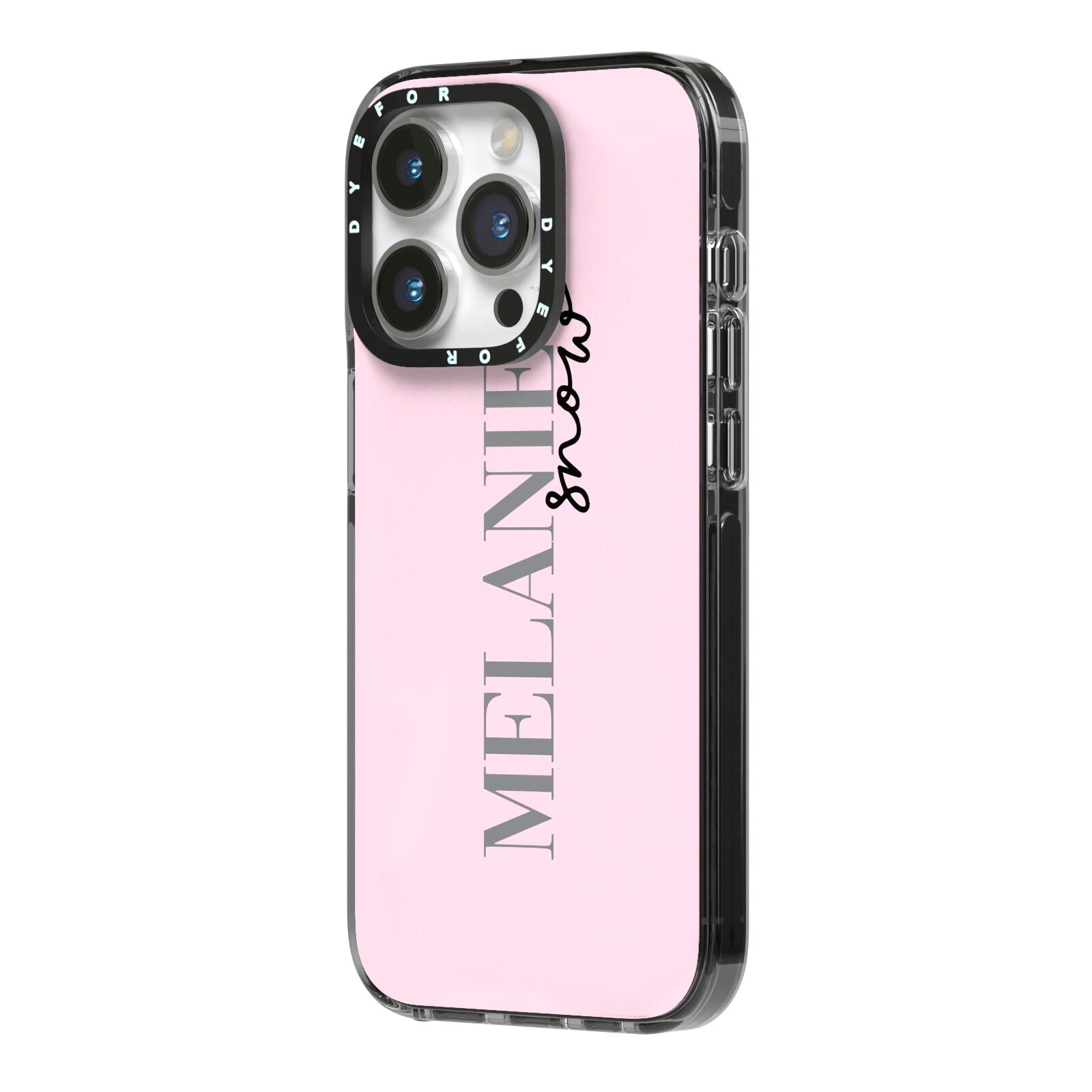 Personalised Dusty Pink Name iPhone 14 Pro Black Impact Case Side Angle on Silver phone