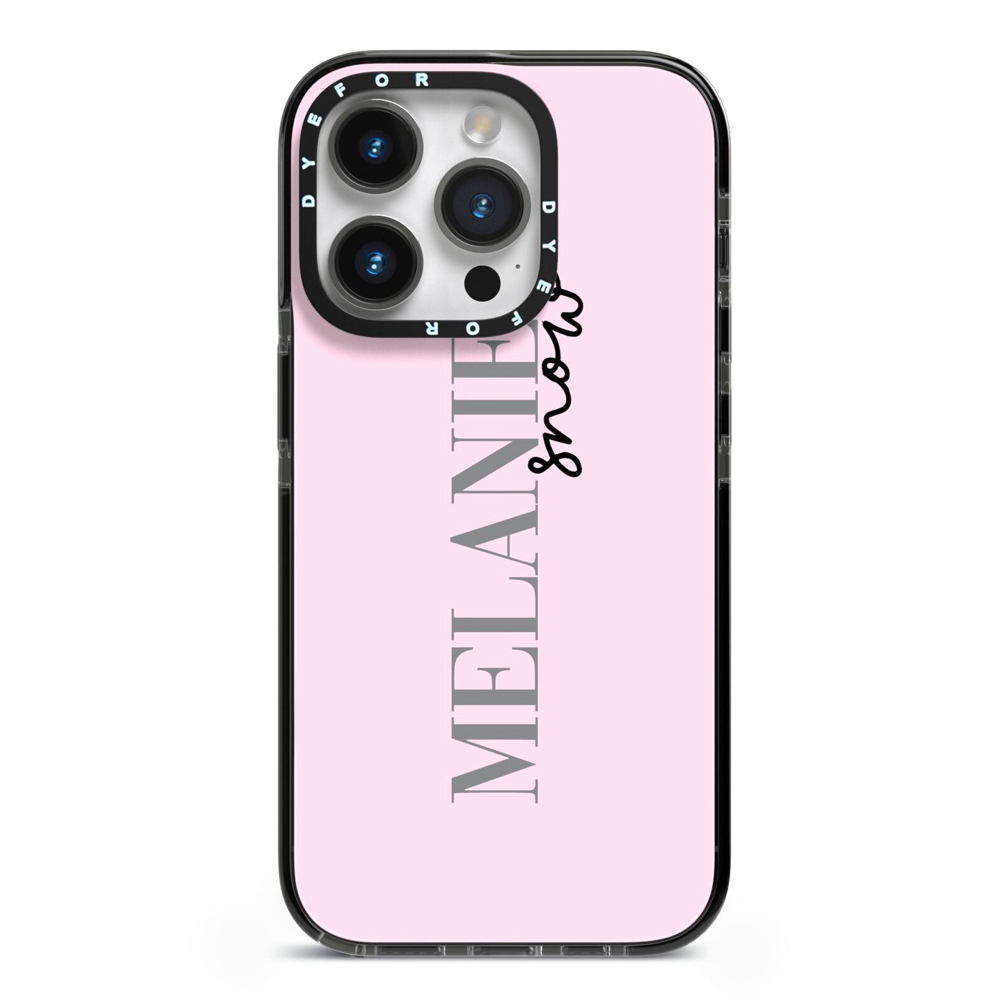 Personalised Dusty Pink Name iPhone 14 Pro Black Impact Case on Silver phone