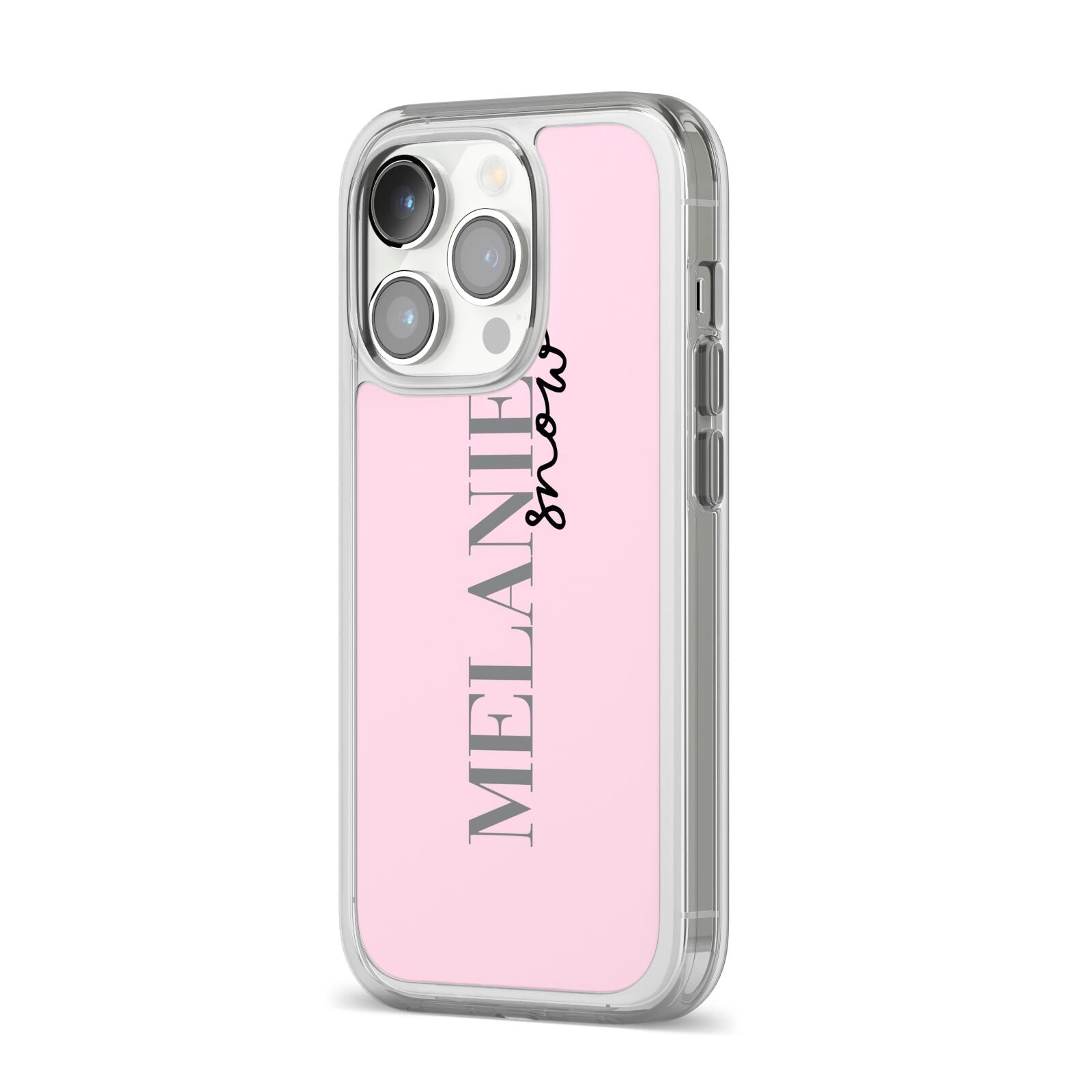 Personalised Dusty Pink Name iPhone 14 Pro Clear Tough Case Silver Angled Image