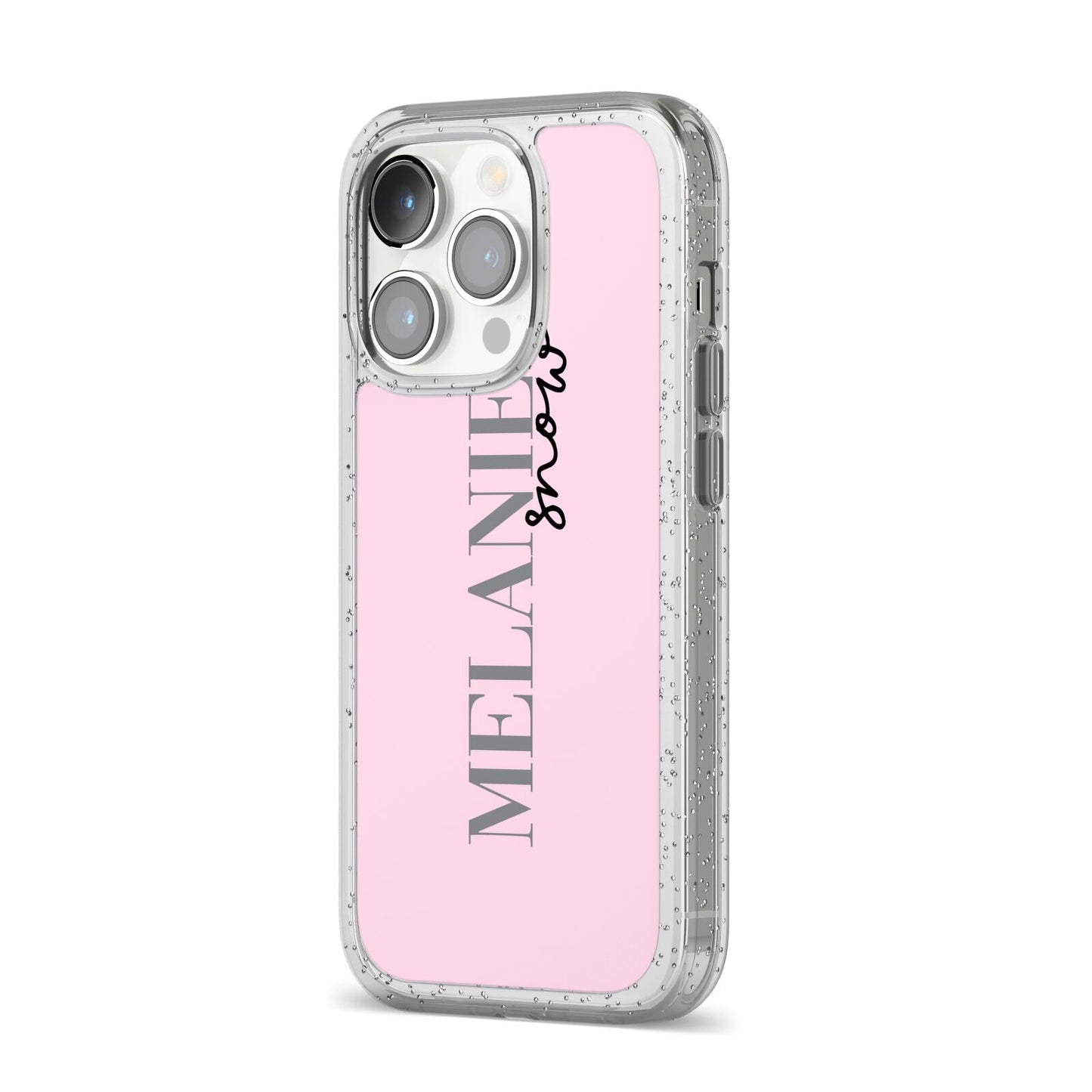 Personalised Dusty Pink Name iPhone 14 Pro Glitter Tough Case Silver Angled Image