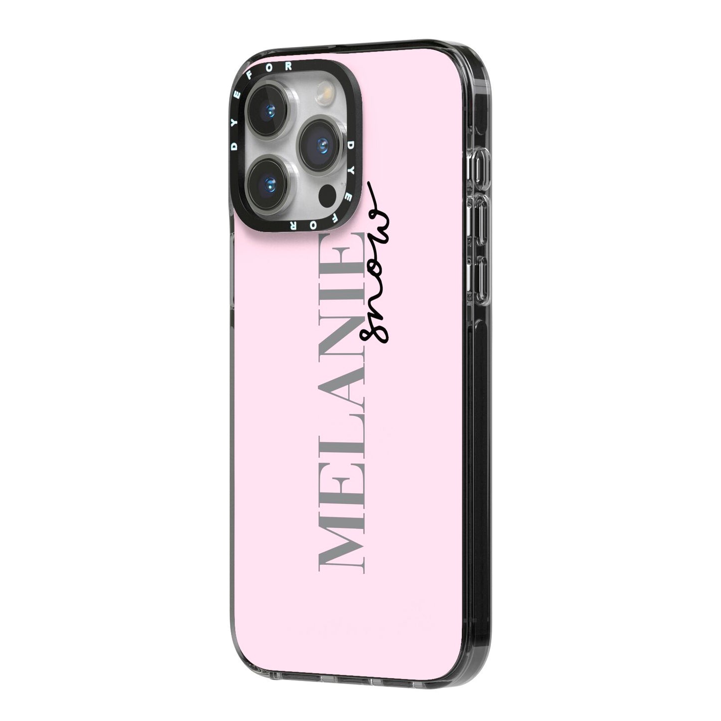 Personalised Dusty Pink Name iPhone 14 Pro Max Black Impact Case Side Angle on Silver phone