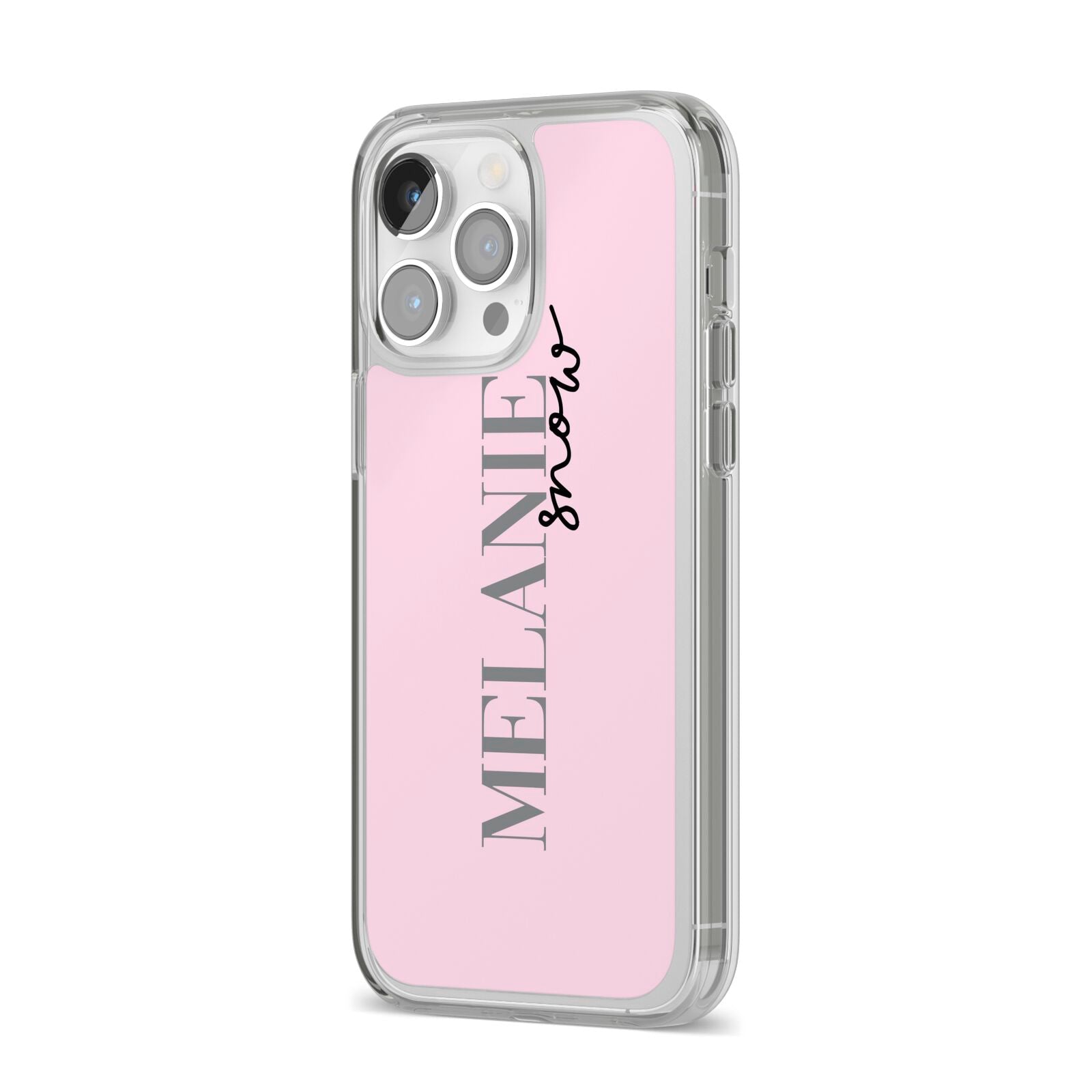 Personalised Dusty Pink Name iPhone 14 Pro Max Clear Tough Case Silver Angled Image