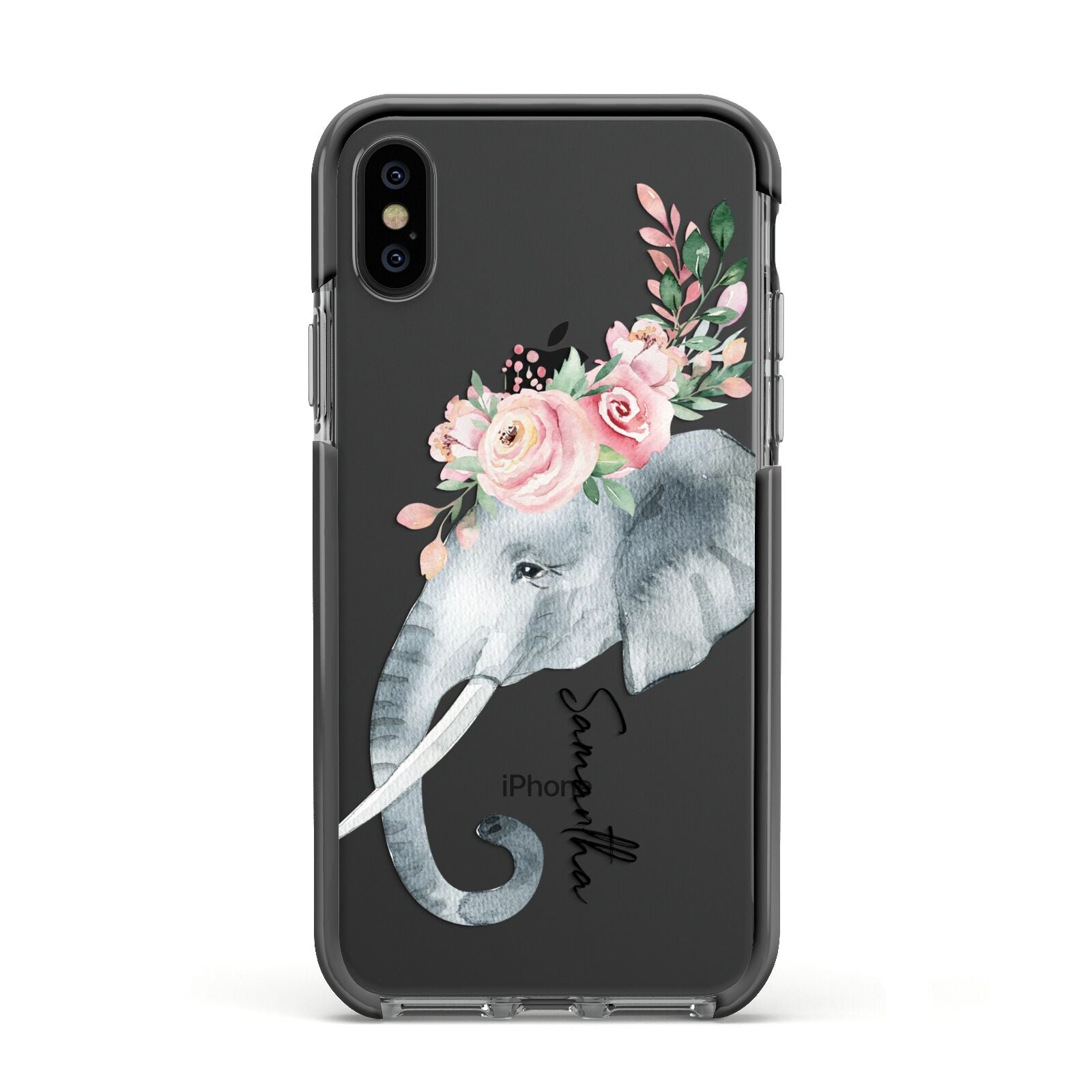 Personalised Elephant Apple iPhone Xs Impact Case Black Edge on Black Phone