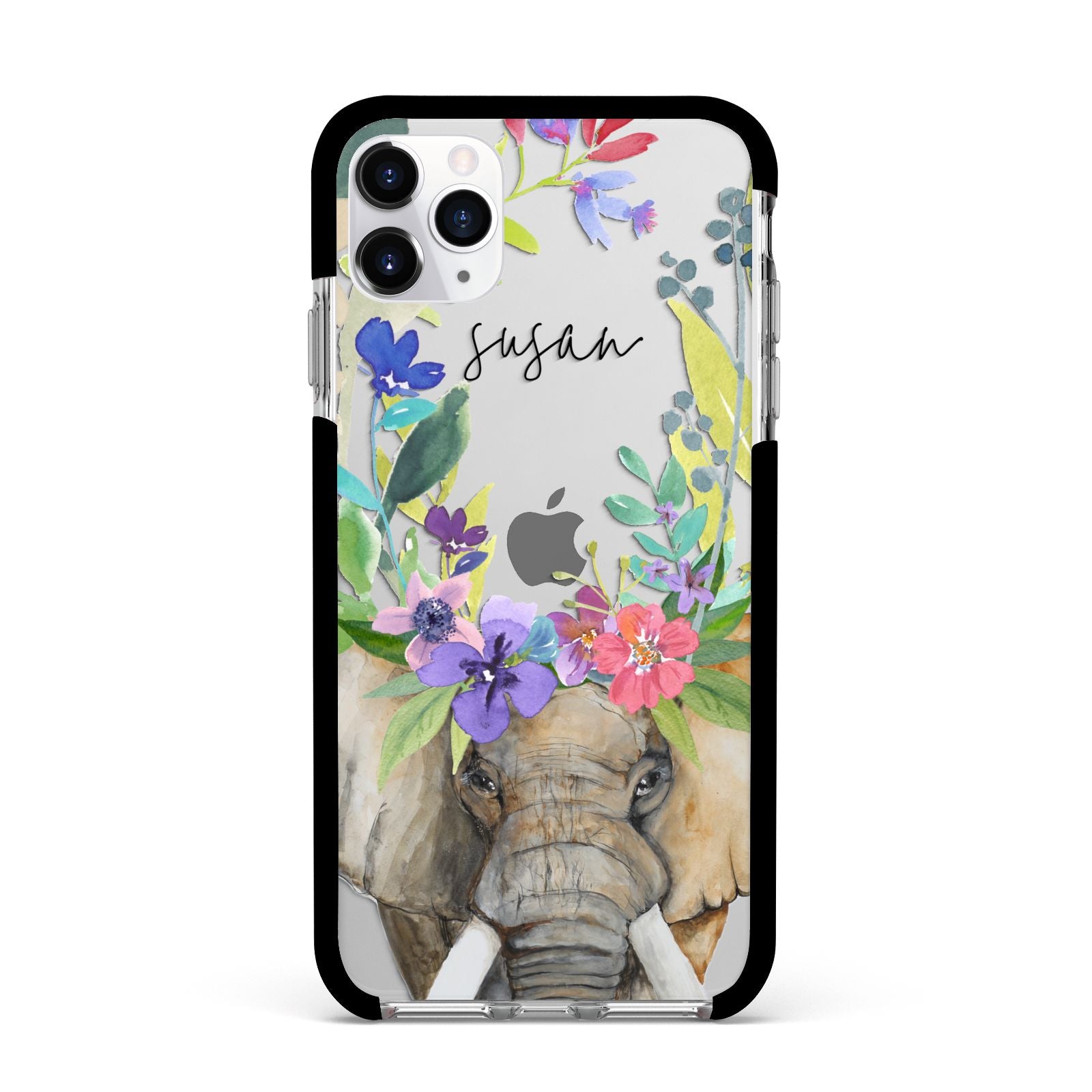 Personalised Elephant Floral Apple iPhone 11 Pro Max in Silver with Black Impact Case