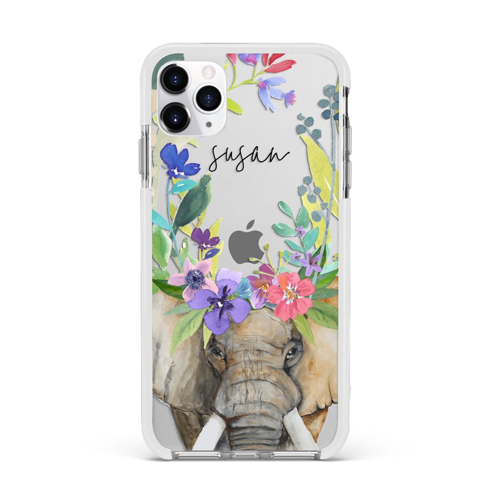 Personalised Elephant Floral Apple iPhone 11 Pro Max in Silver with White Impact Case