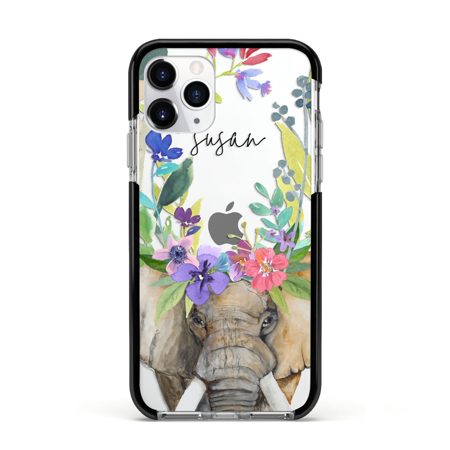 Personalised Elephant Floral Apple iPhone 11 Pro in Silver with Black Impact Case