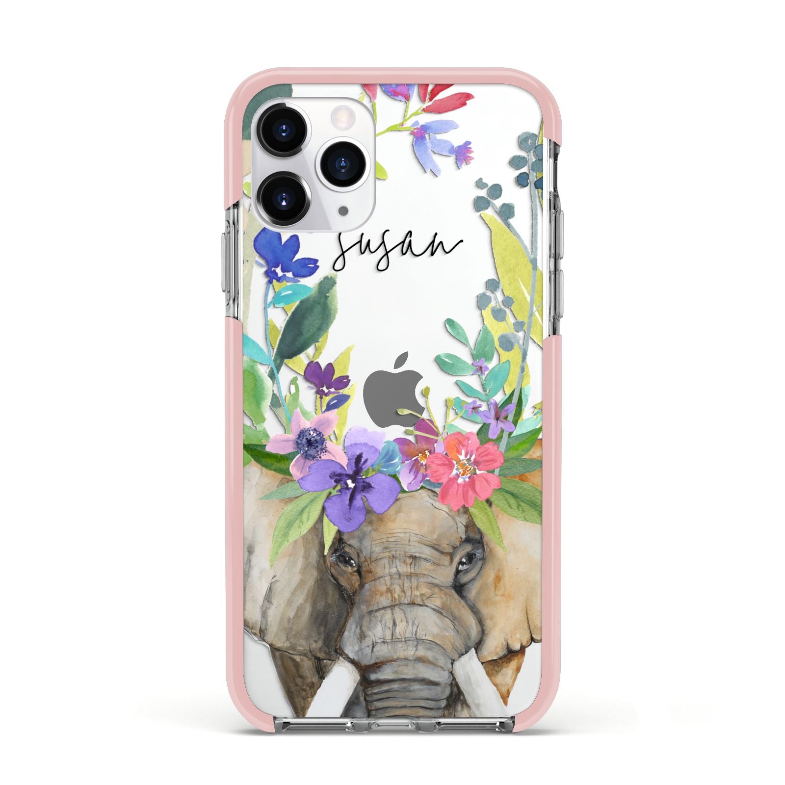 Personalised Elephant Floral Apple iPhone 11 Pro in Silver with Pink Impact Case