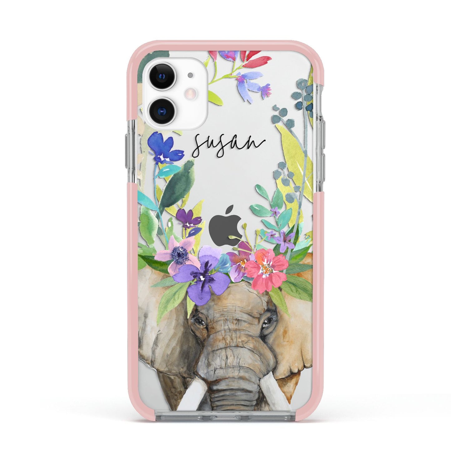 Personalised Elephant Floral Apple iPhone 11 in White with Pink Impact Case