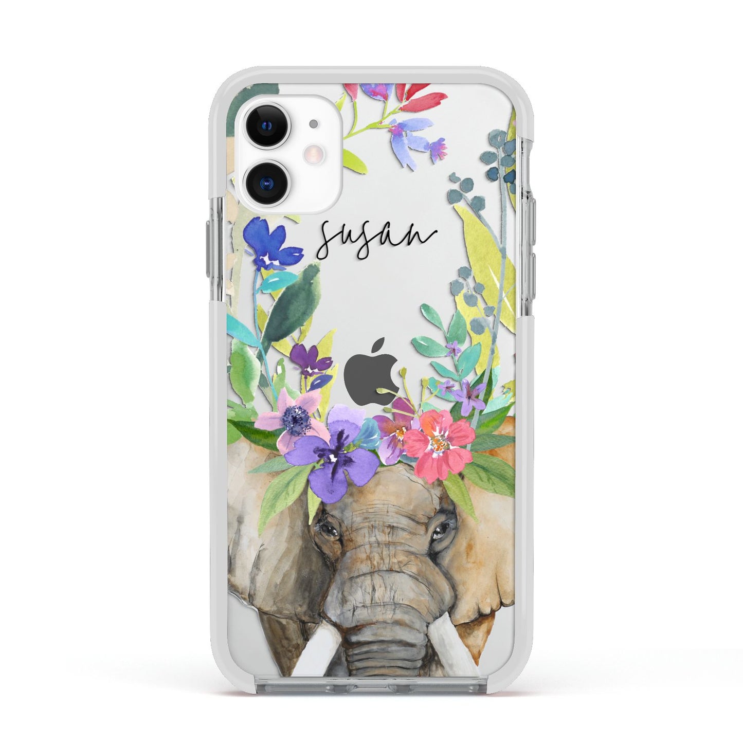 Personalised Elephant Floral Apple iPhone 11 in White with White Impact Case
