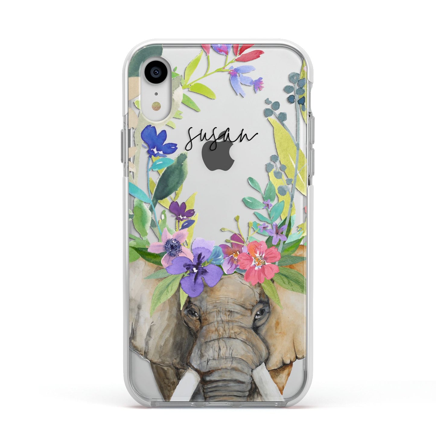 Personalised Elephant Floral Apple iPhone XR Impact Case White Edge on Silver Phone