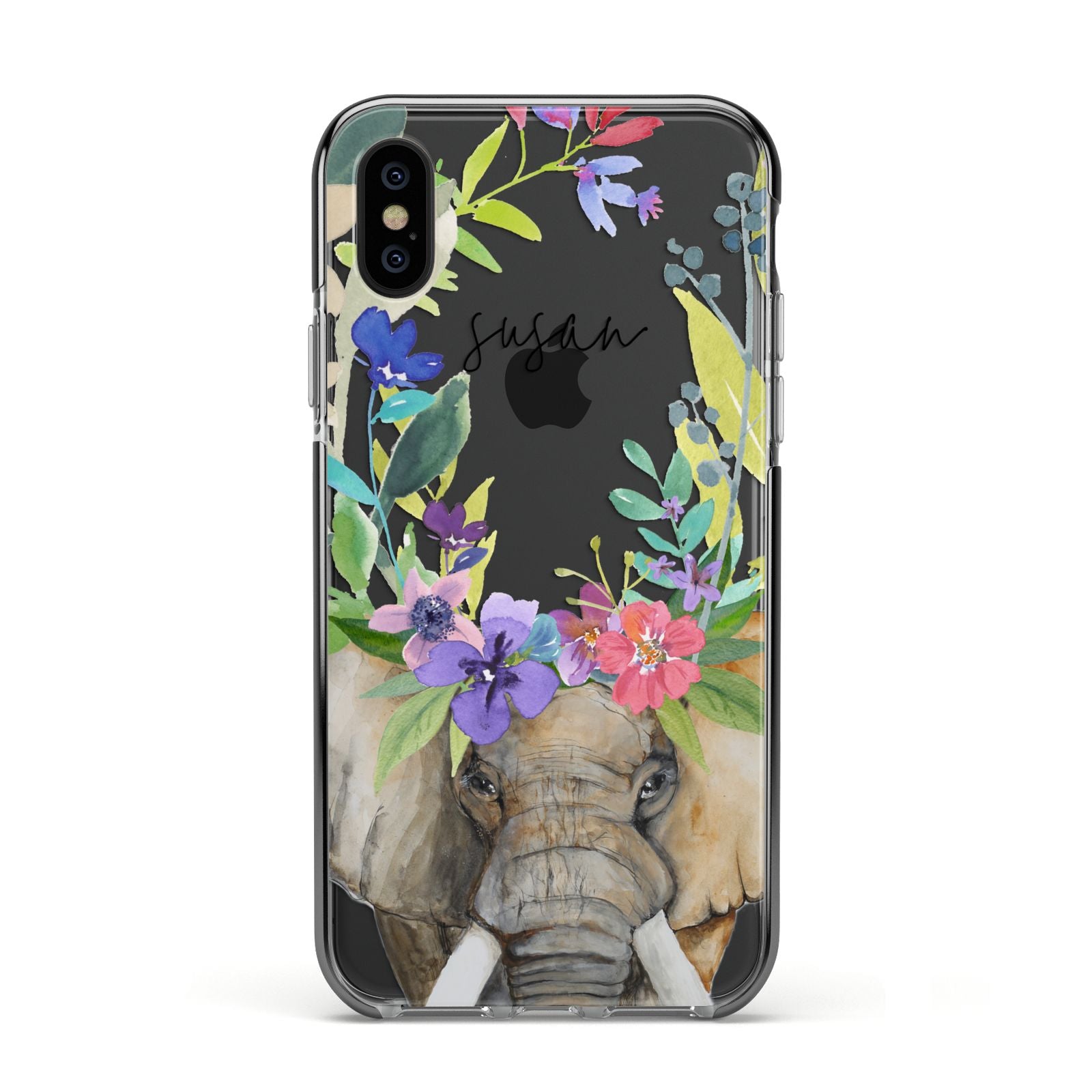 Personalised Elephant Floral Apple iPhone Xs Impact Case Black Edge on Black Phone