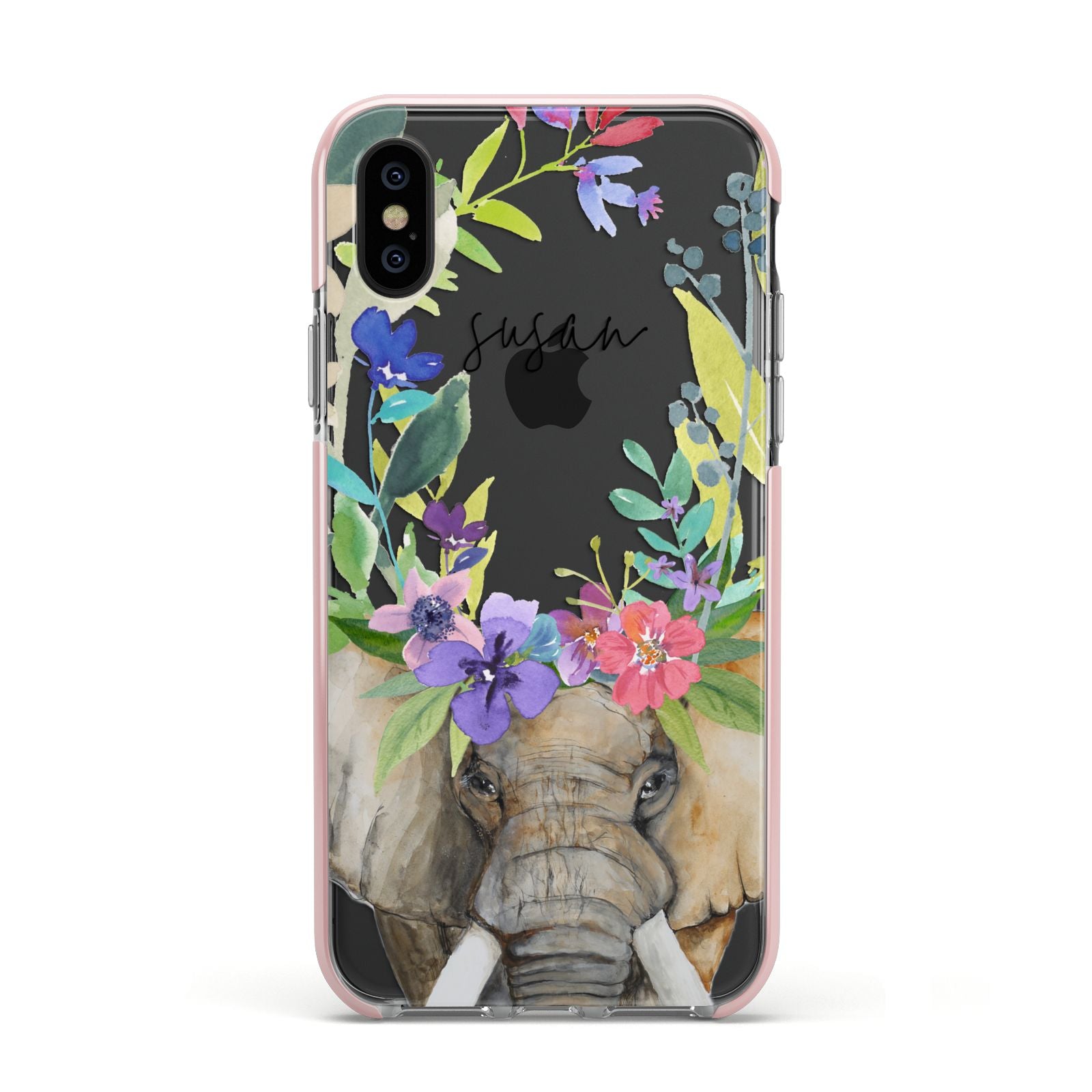Personalised Elephant Floral Apple iPhone Xs Impact Case Pink Edge on Black Phone