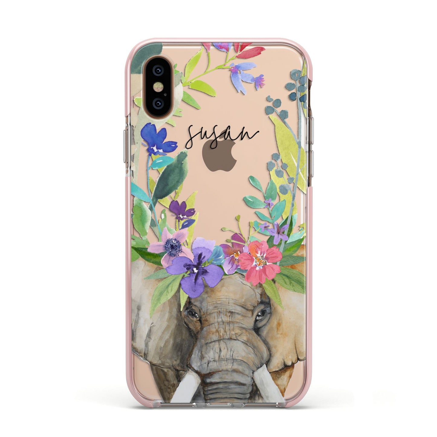 Personalised Elephant Floral Apple iPhone Xs Impact Case Pink Edge on Gold Phone