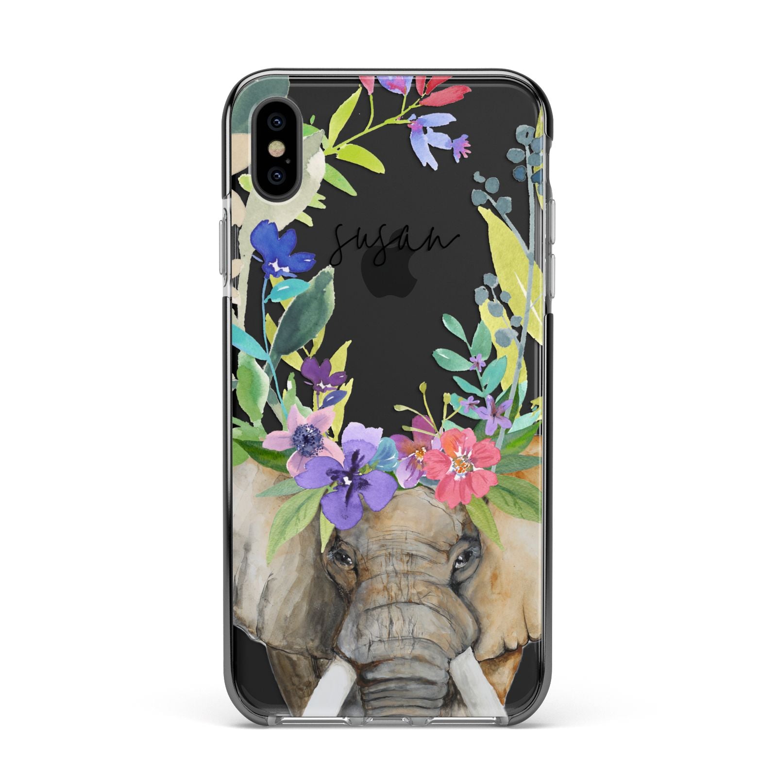 Personalised Elephant Floral Apple iPhone Xs Max Impact Case Black Edge on Black Phone