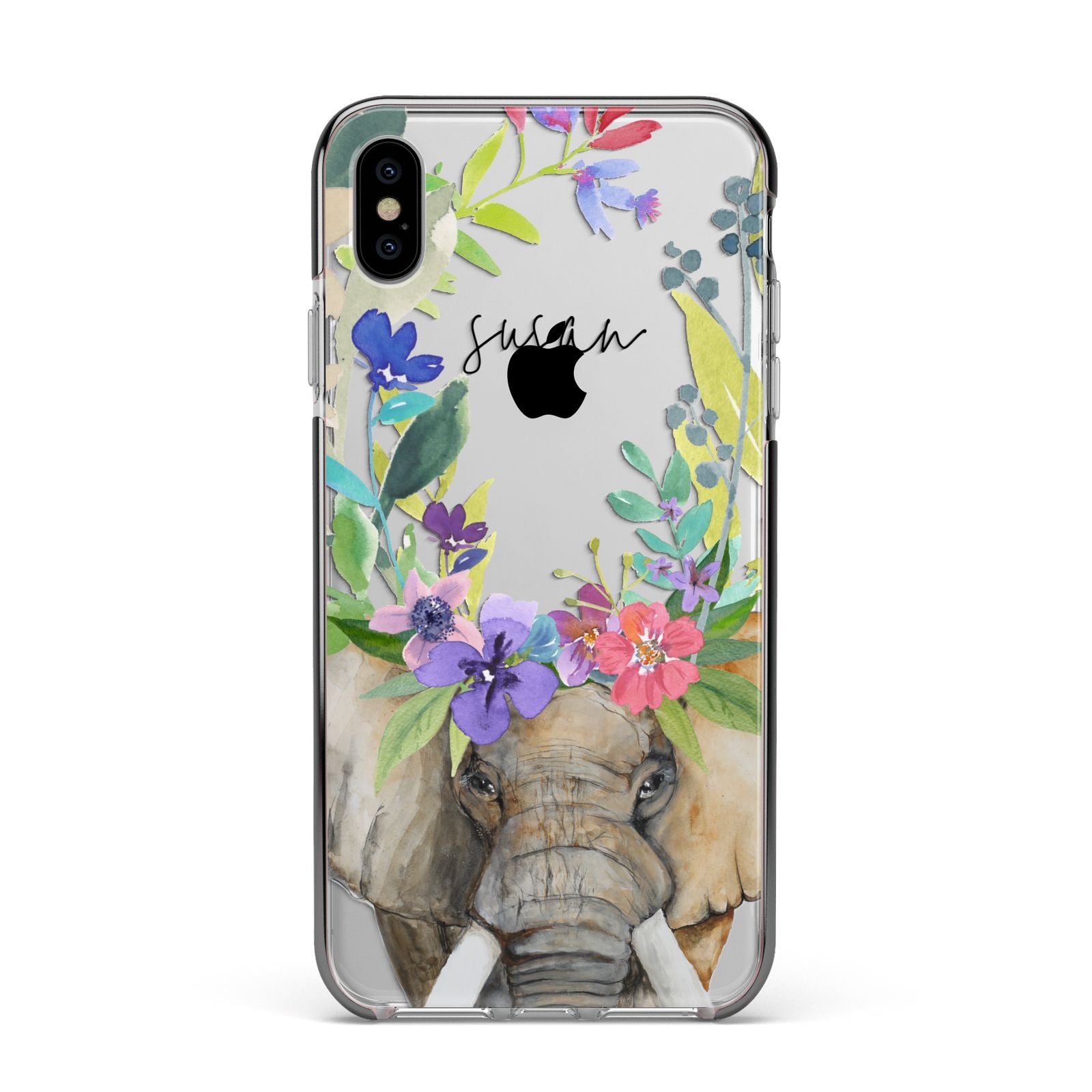 Personalised Elephant Floral Apple iPhone Xs Max Impact Case Black Edge on Silver Phone
