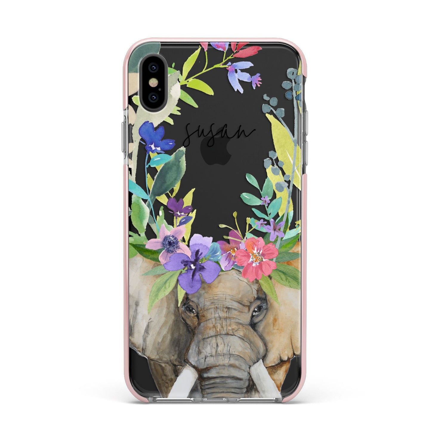 Personalised Elephant Floral Apple iPhone Xs Max Impact Case Pink Edge on Black Phone