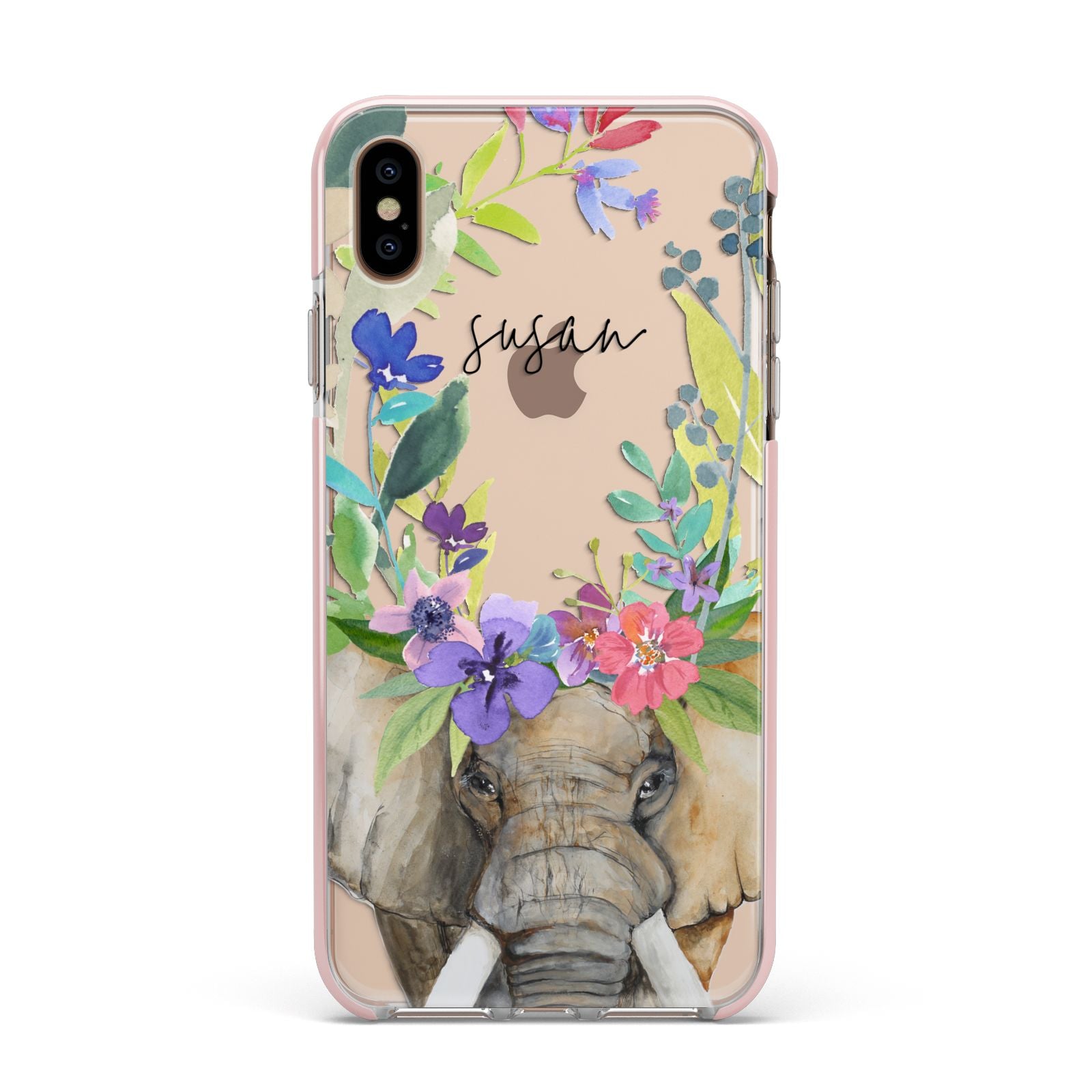 Personalised Elephant Floral Apple iPhone Xs Max Impact Case Pink Edge on Gold Phone