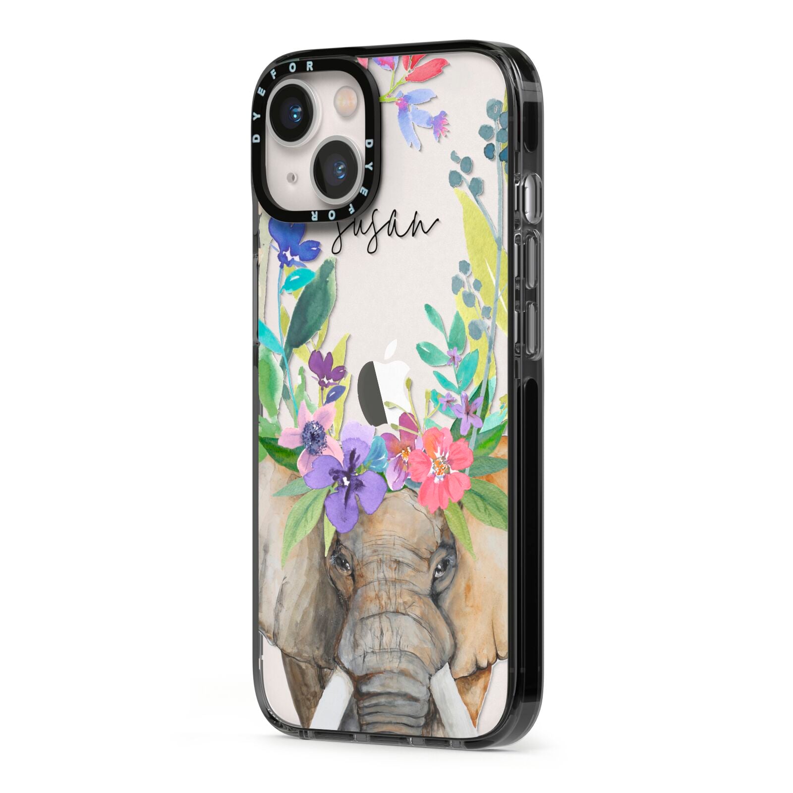 Personalised Elephant Floral iPhone 13 Black Impact Case Side Angle on Silver phone