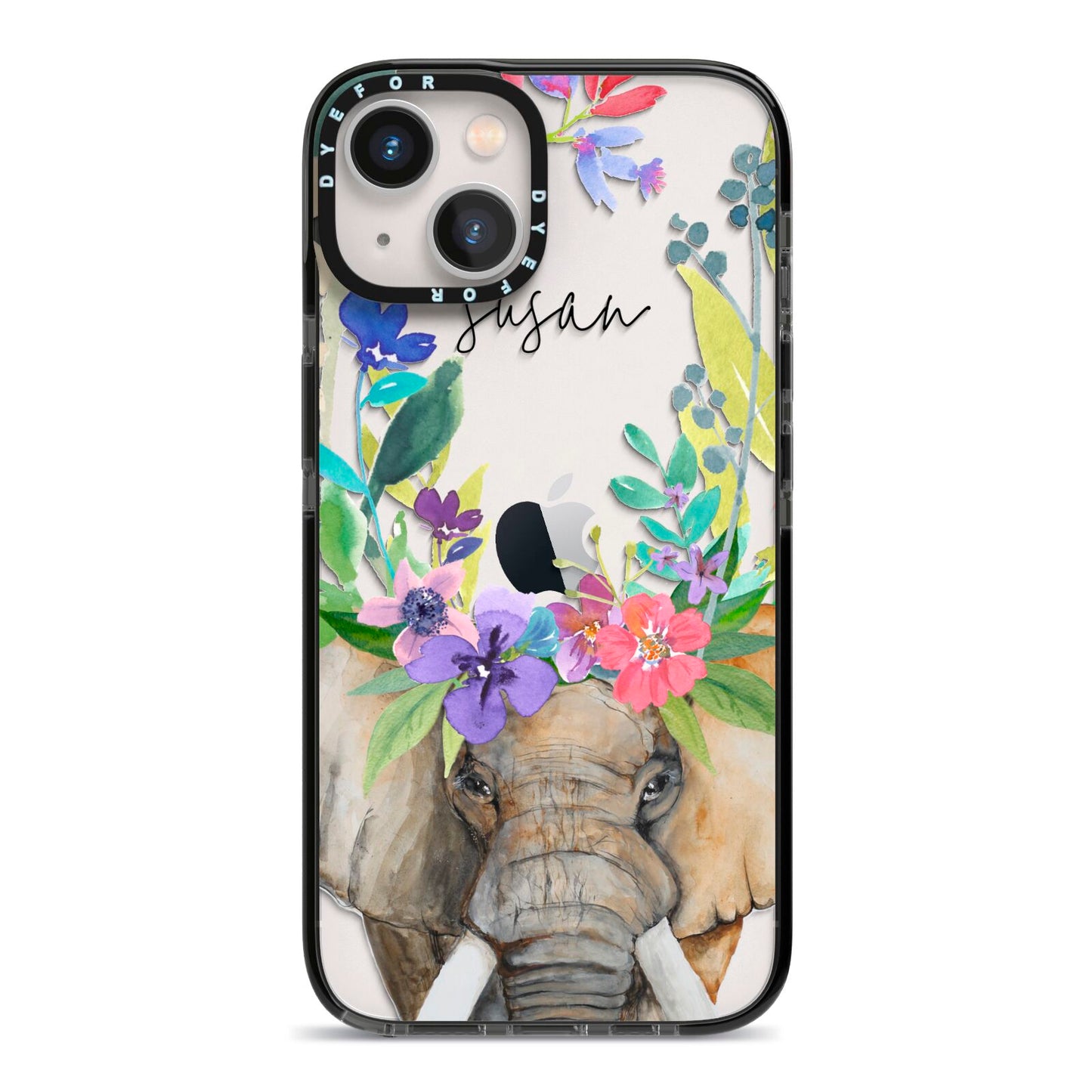 Personalised Elephant Floral iPhone 13 Black Impact Case on Silver phone