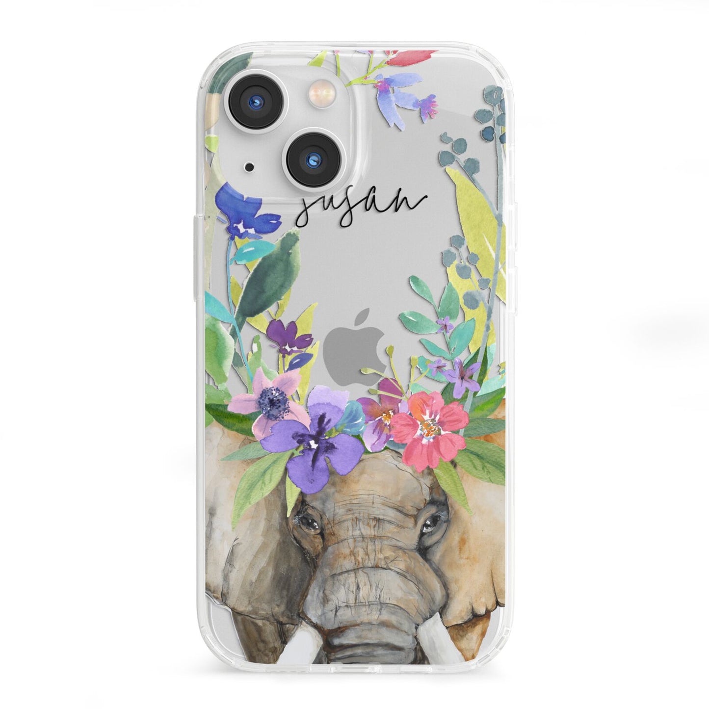 Personalised Elephant Floral iPhone 13 Mini Clear Bumper Case