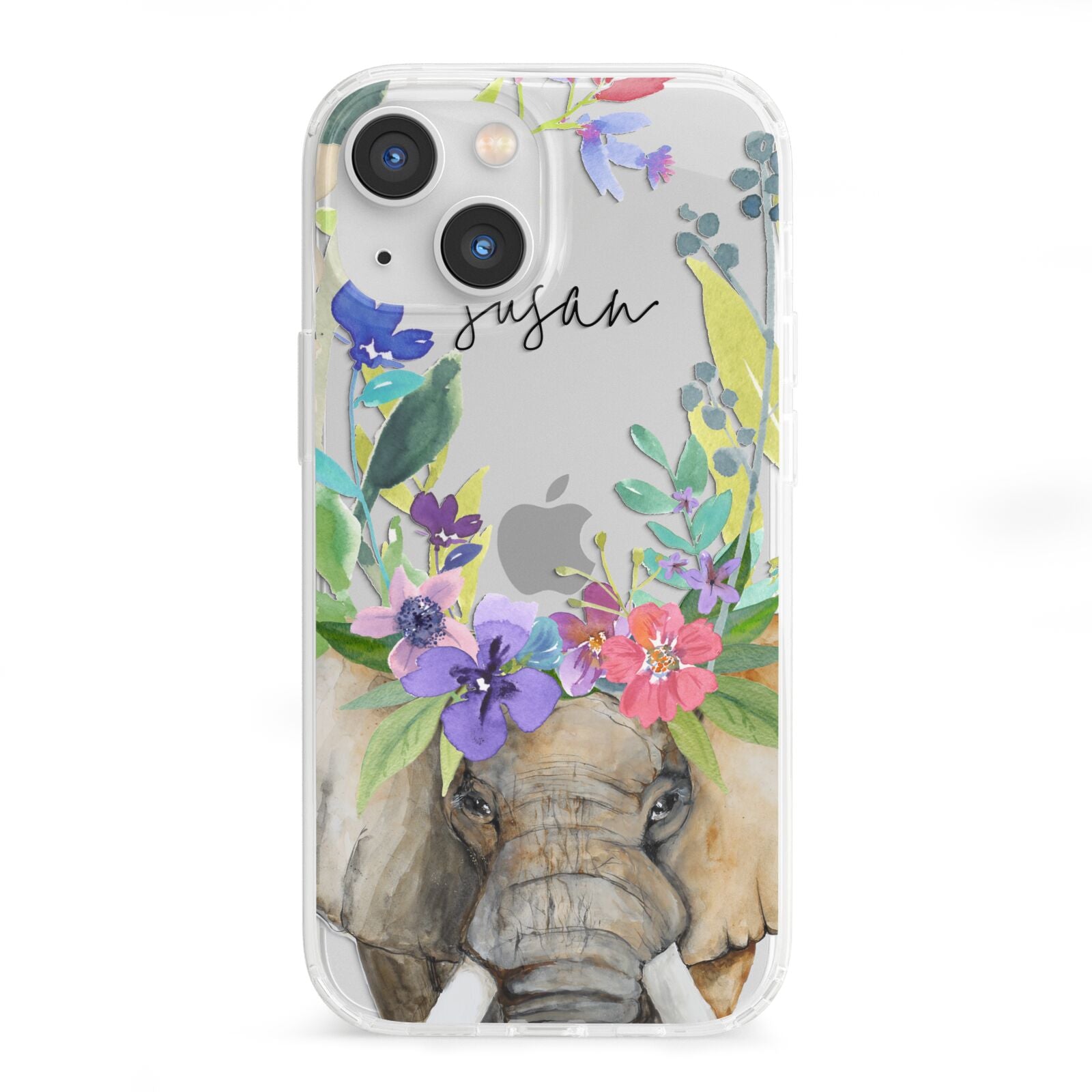 Personalised Elephant Floral iPhone 13 Mini Clear Bumper Case