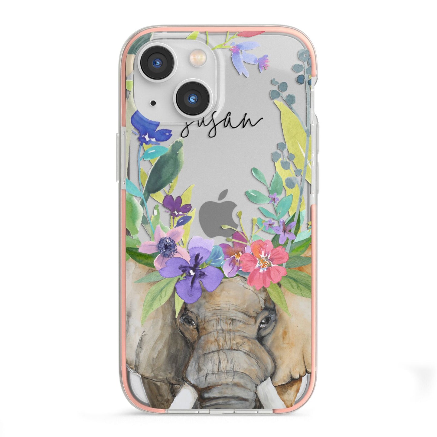 Personalised Elephant Floral iPhone 13 Mini TPU Impact Case with Pink Edges