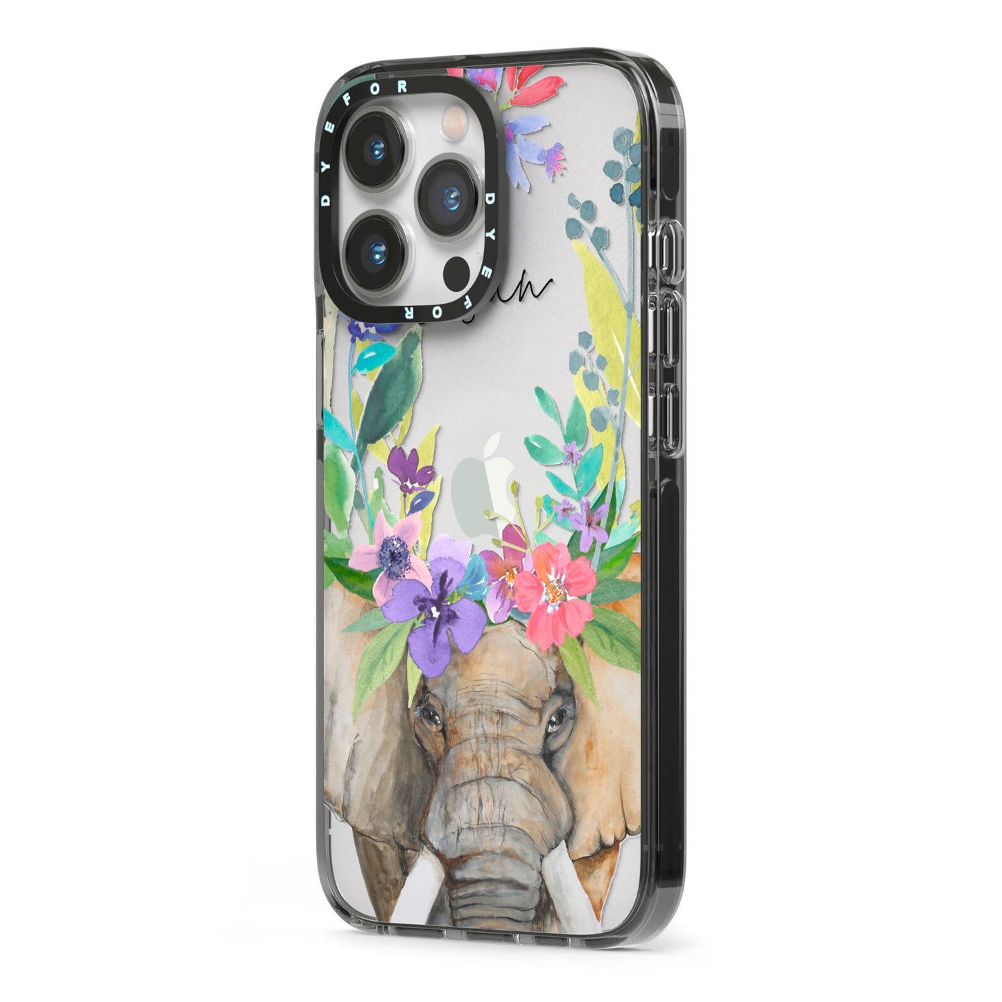 Personalised Elephant Floral iPhone 13 Pro Black Impact Case Side Angle on Silver phone