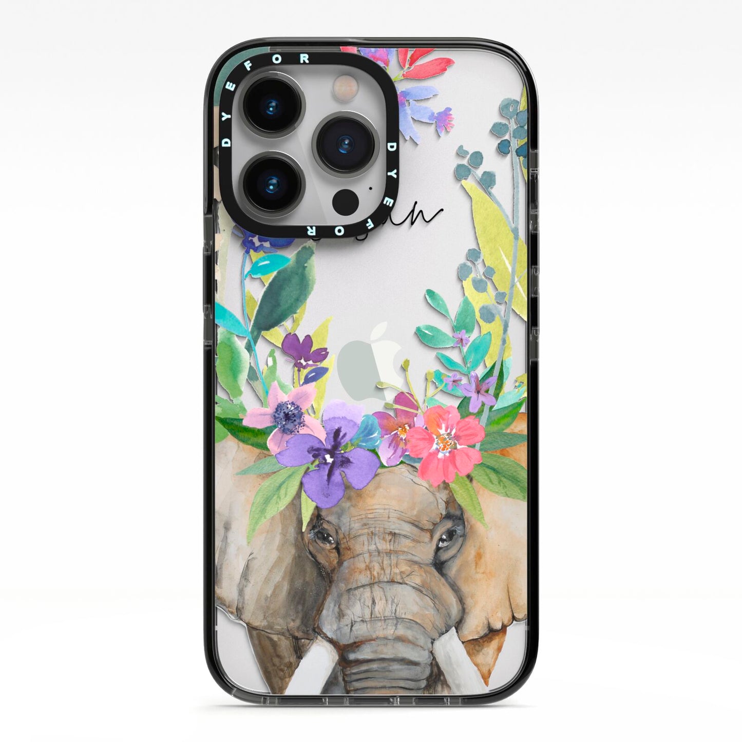 Personalised Elephant Floral iPhone 13 Pro Black Impact Case on Silver phone