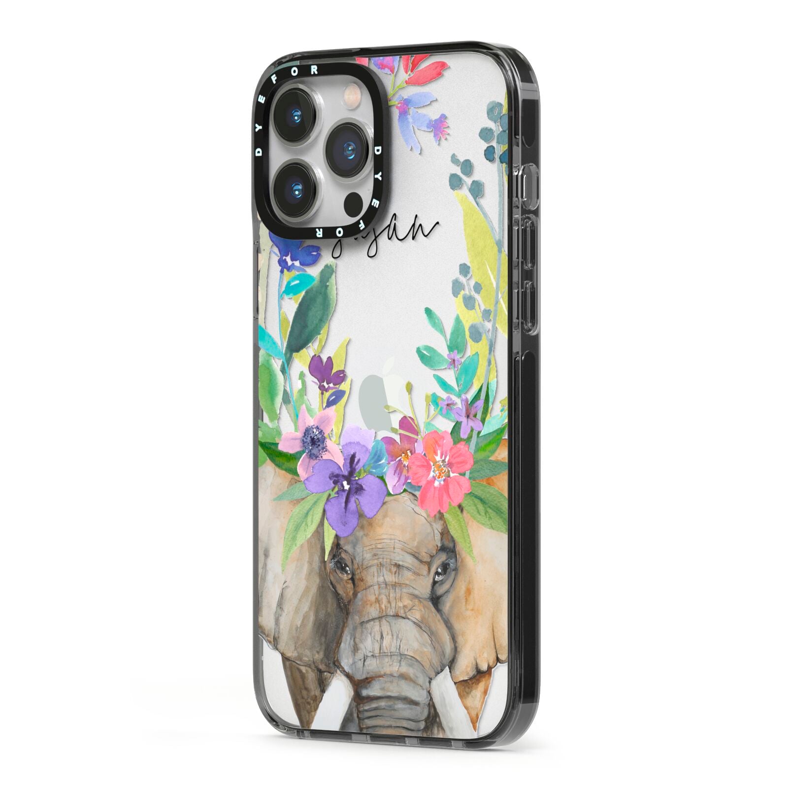 Personalised Elephant Floral iPhone 13 Pro Max Black Impact Case Side Angle on Silver phone
