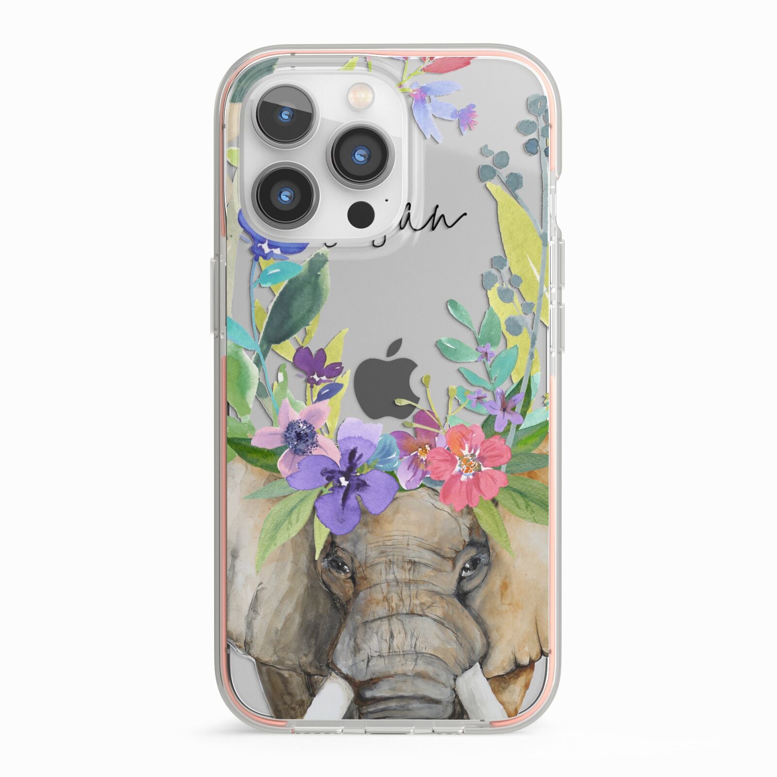 Personalised Elephant Floral iPhone 13 Pro TPU Impact Case with Pink Edges