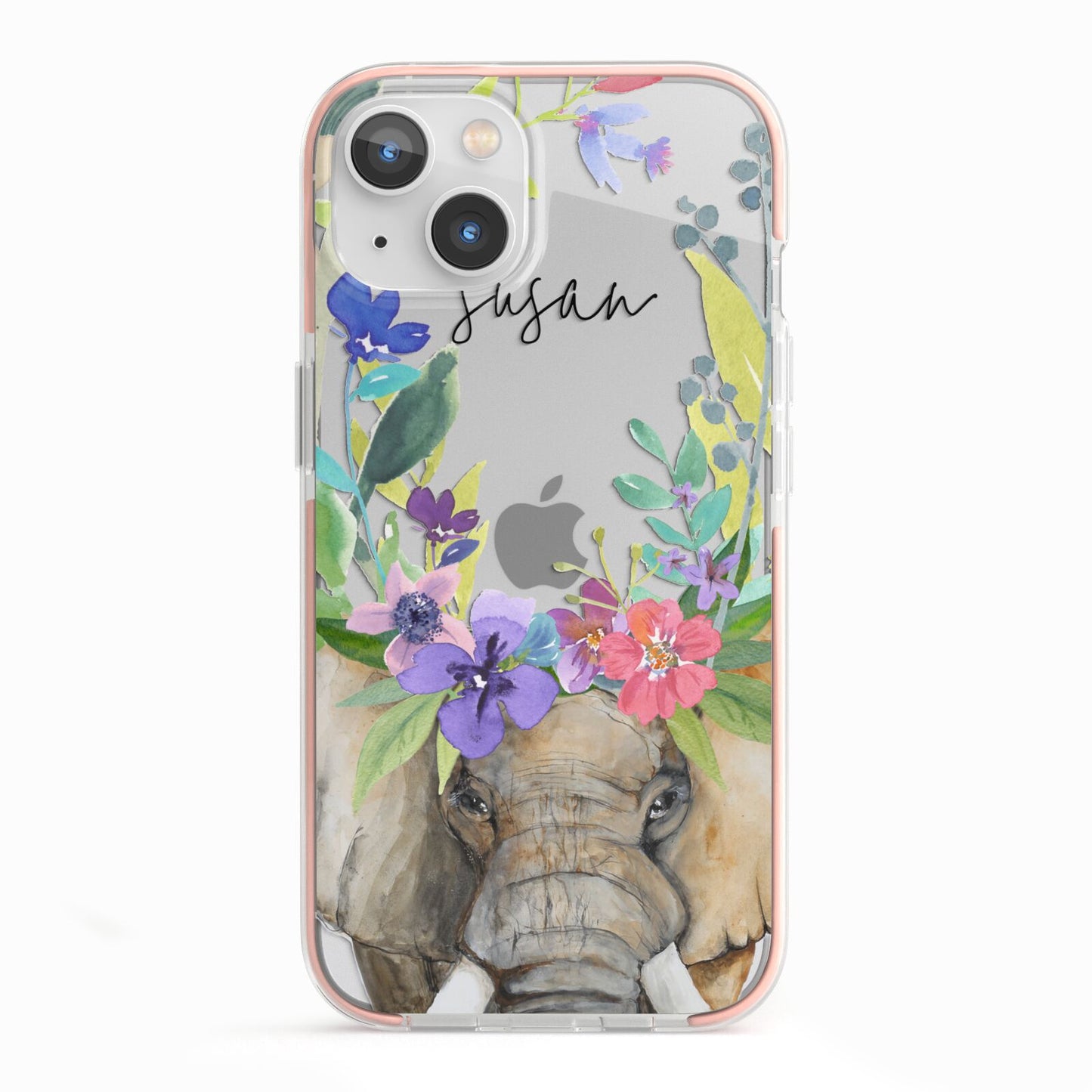 Personalised Elephant Floral iPhone 13 TPU Impact Case with Pink Edges
