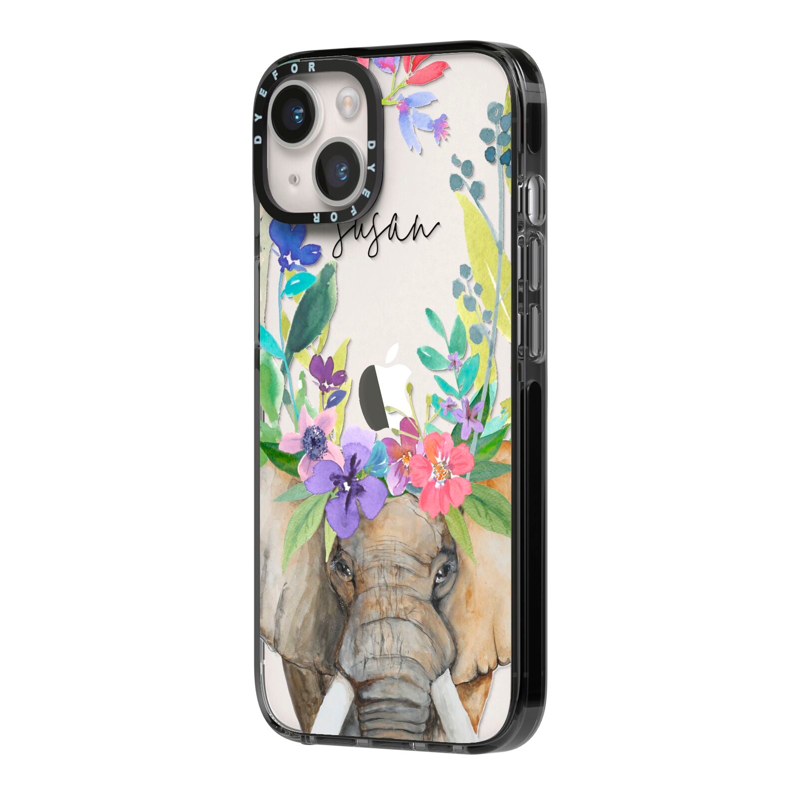 Personalised Elephant Floral iPhone 14 Black Impact Case Side Angle on Silver phone