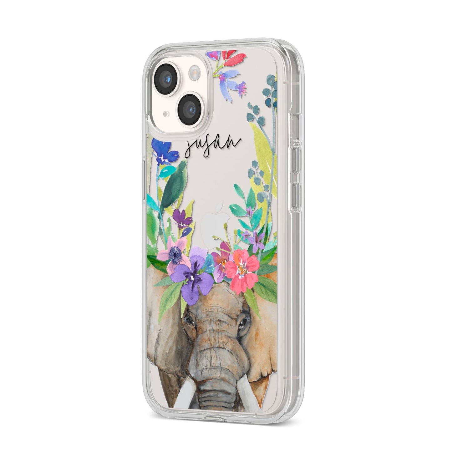 Personalised Elephant Floral iPhone 14 Clear Tough Case Starlight Angled Image