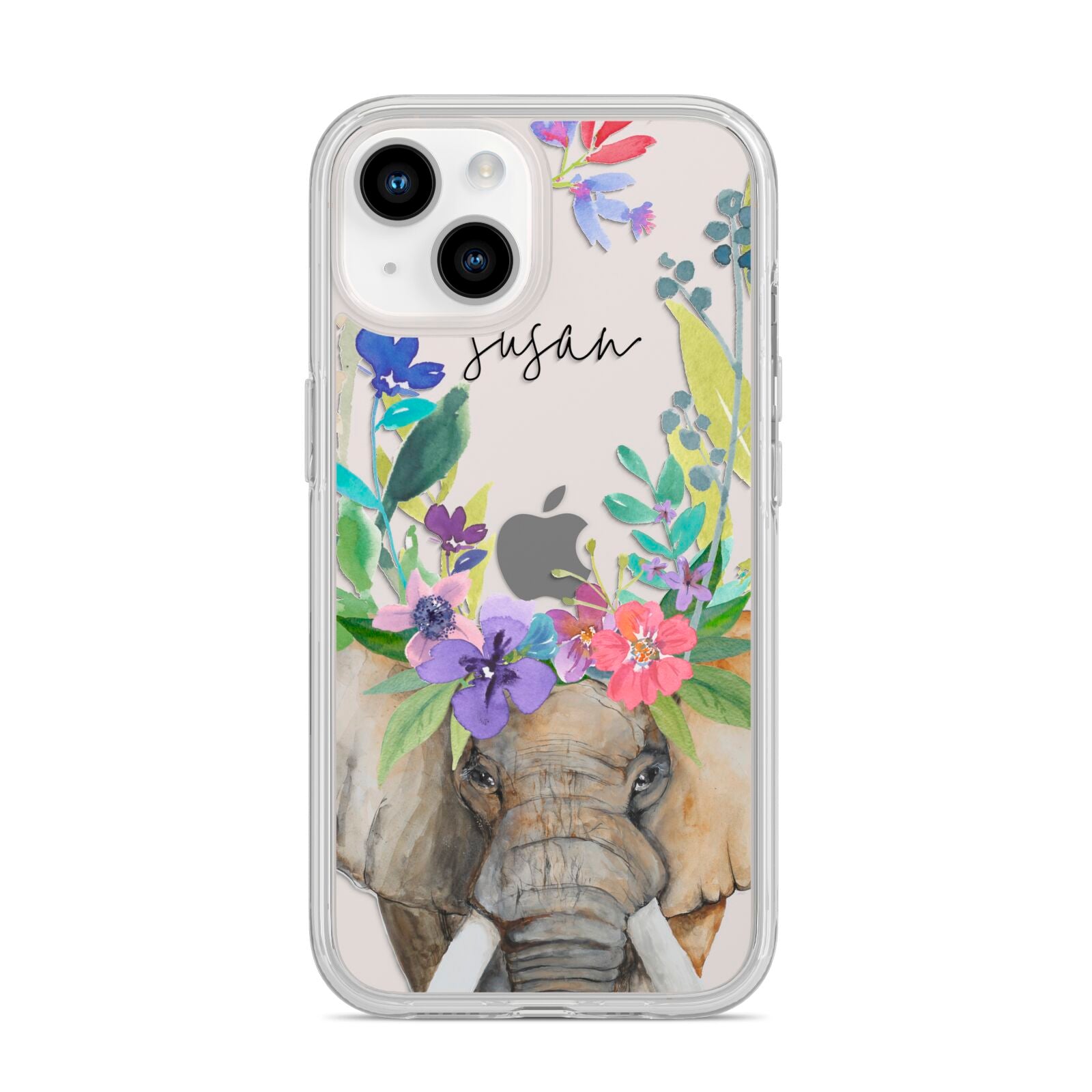 Personalised Elephant Floral iPhone 14 Clear Tough Case Starlight