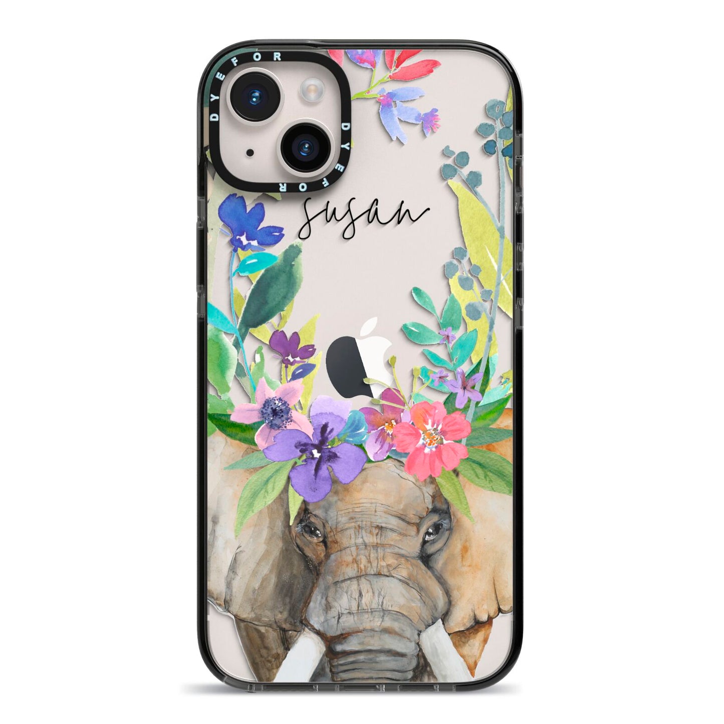 Personalised Elephant Floral iPhone 14 Plus Black Impact Case on Silver phone