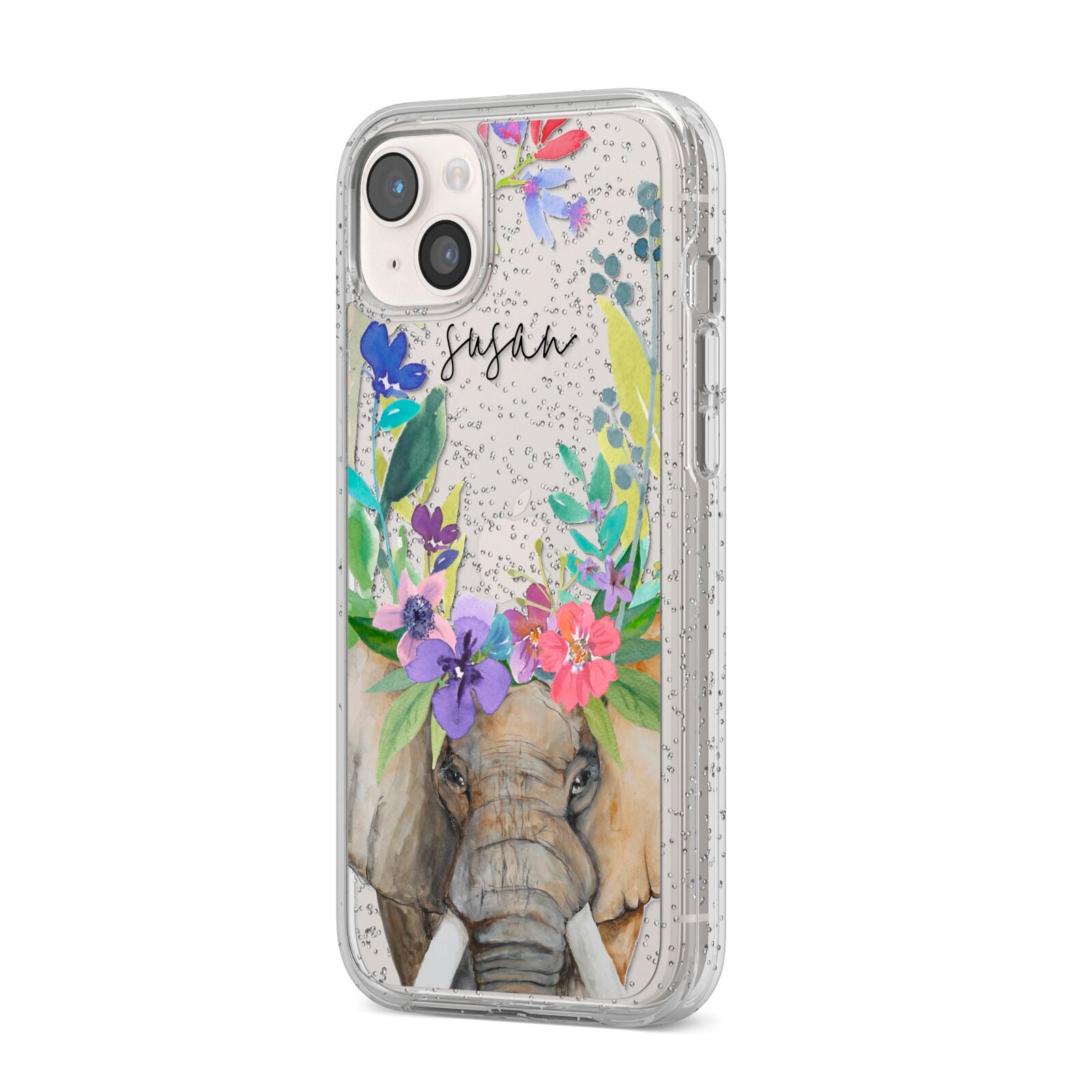 Personalised Elephant Floral iPhone 14 Plus Glitter Tough Case Starlight Angled Image