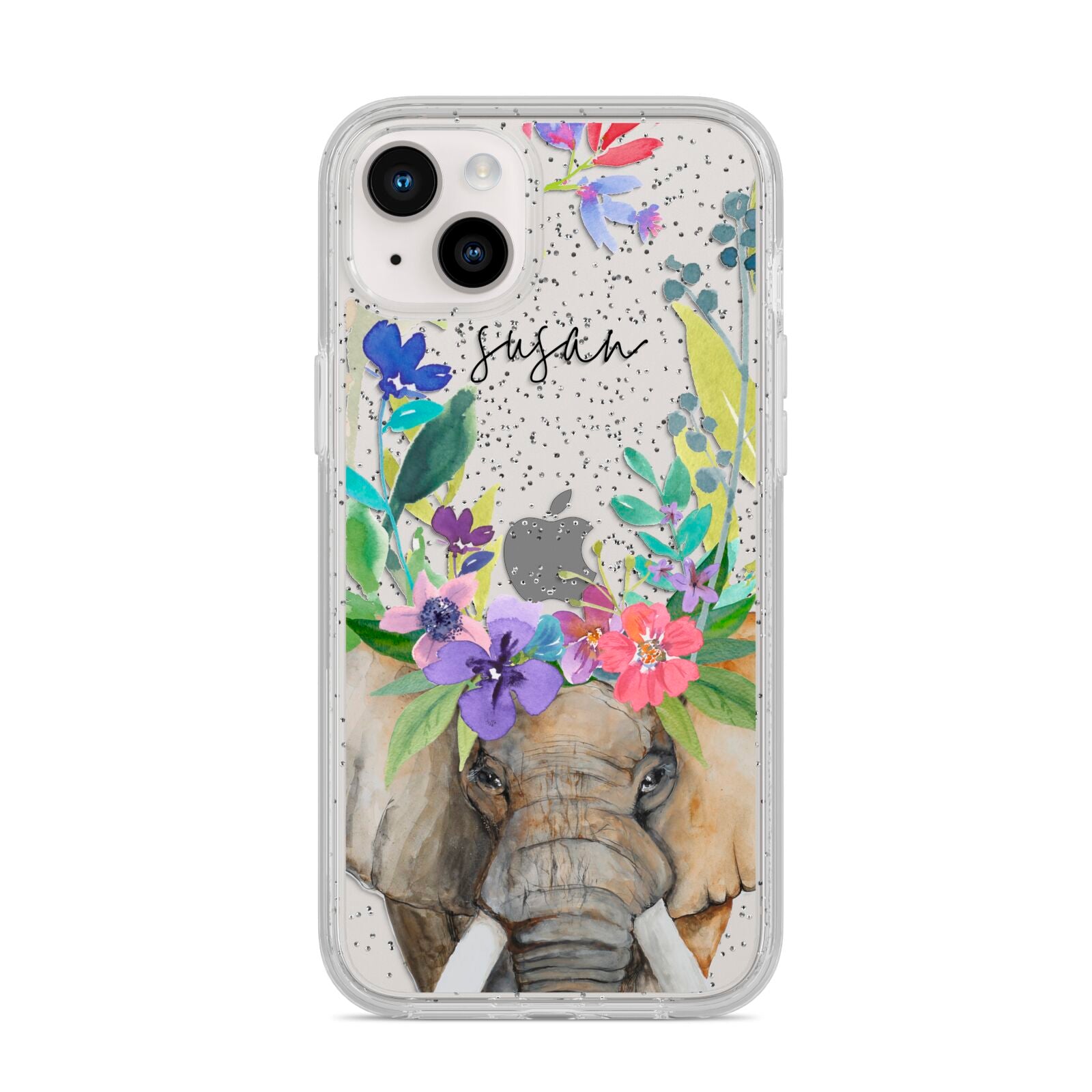 Personalised Elephant Floral iPhone 14 Plus Glitter Tough Case Starlight