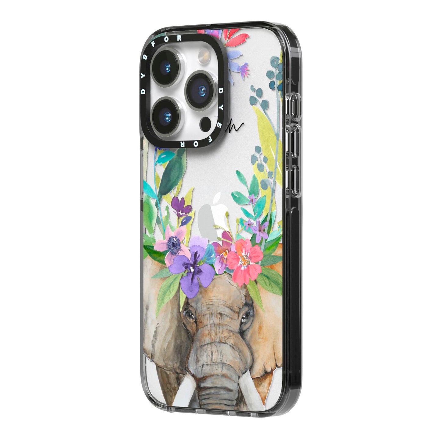 Personalised Elephant Floral iPhone 14 Pro Black Impact Case Side Angle on Silver phone