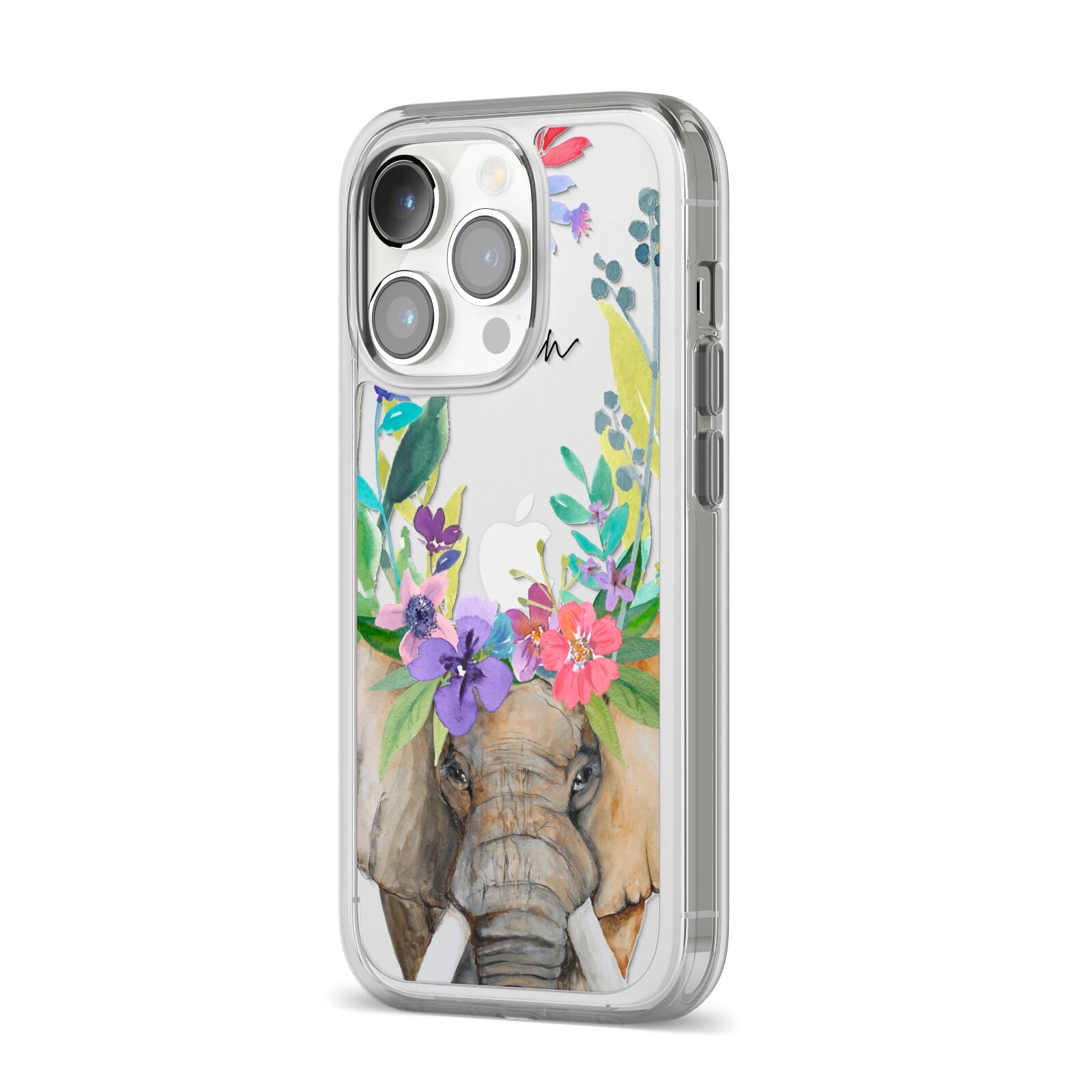 Personalised Elephant Floral iPhone 14 Pro Clear Tough Case Silver Angled Image