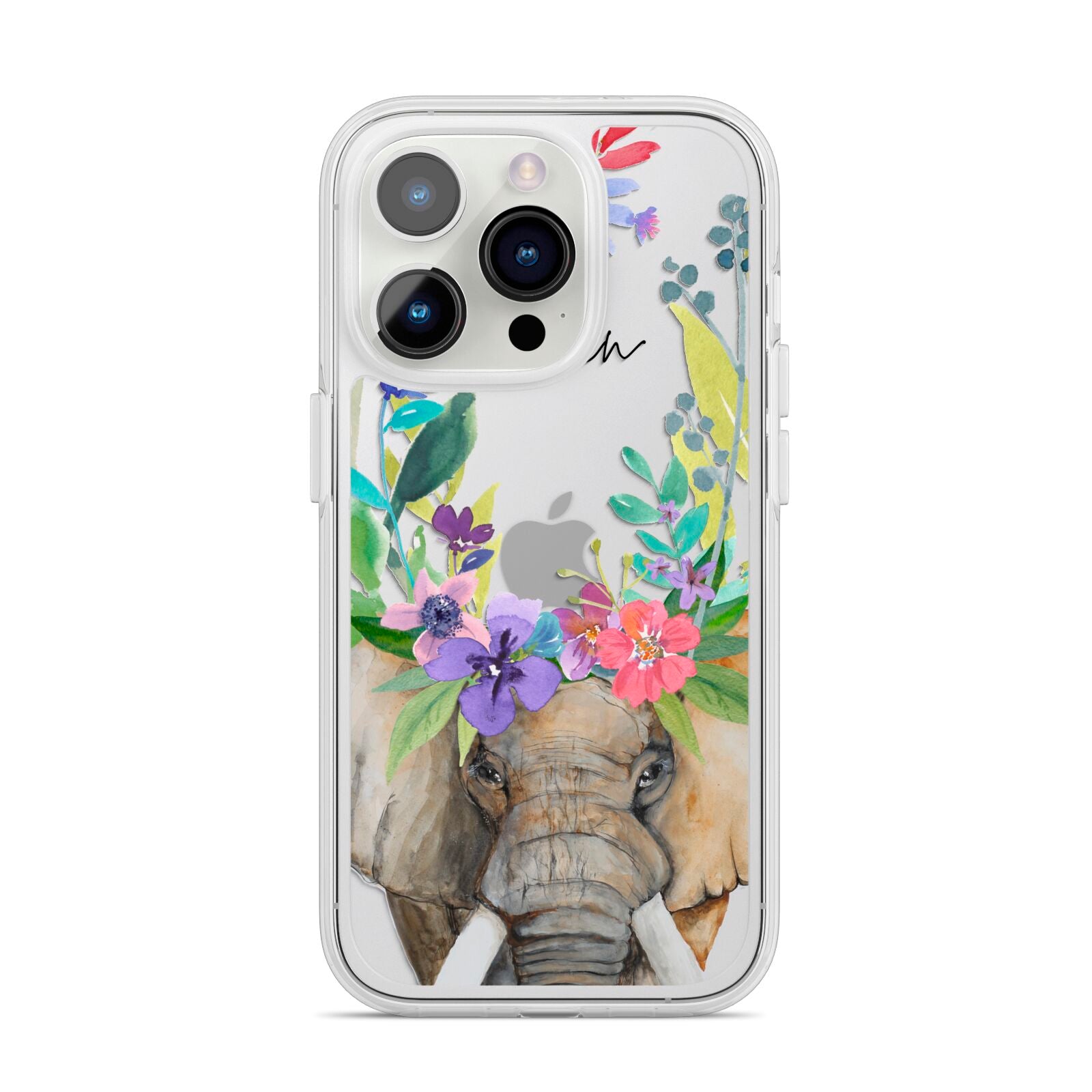 Personalised Elephant Floral iPhone 14 Pro Clear Tough Case Silver