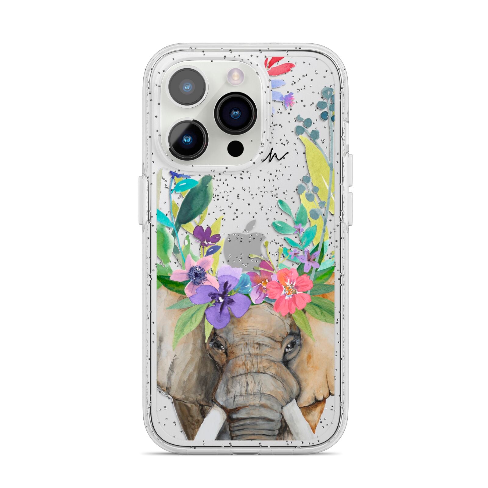 Personalised Elephant Floral iPhone 14 Pro Glitter Tough Case Silver