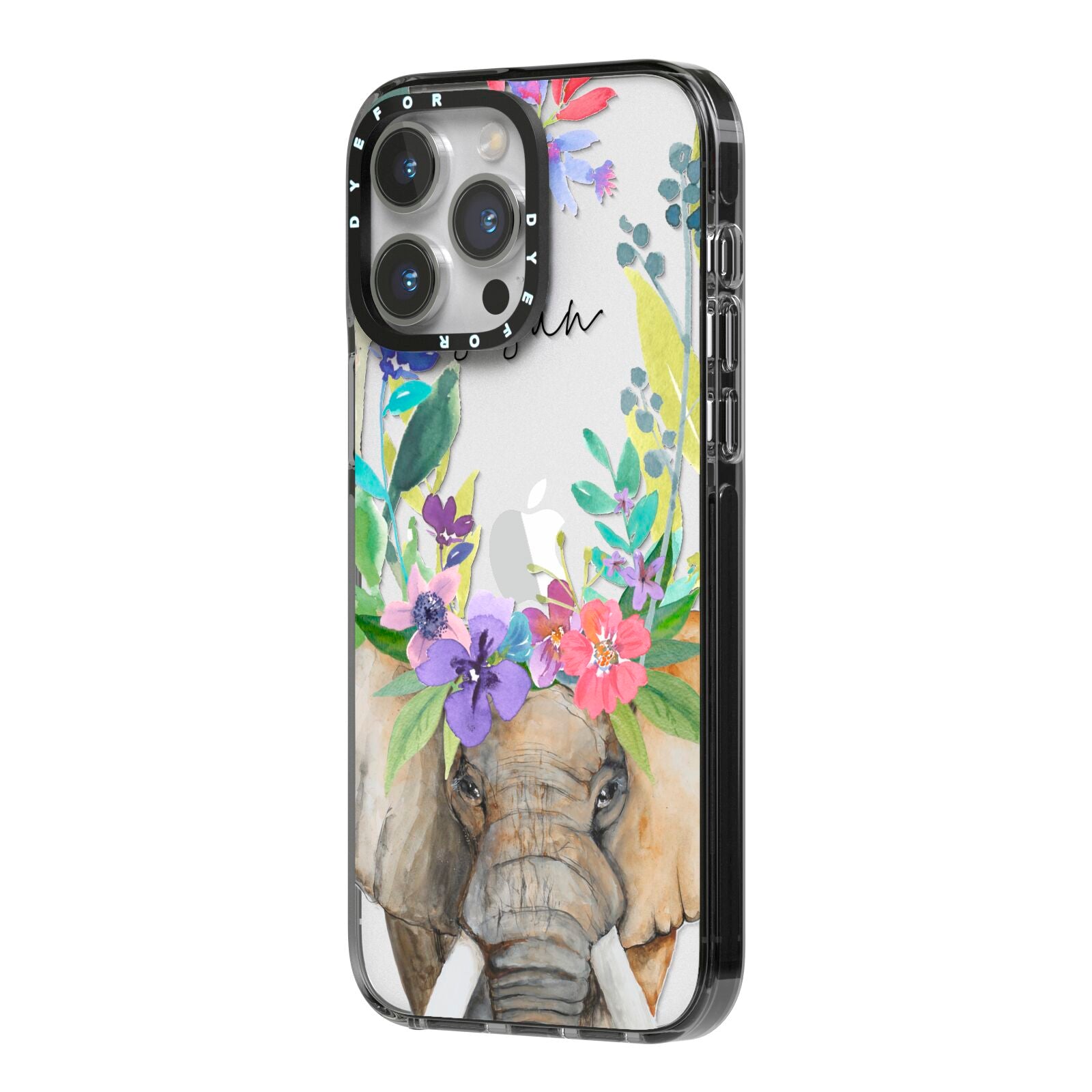 Personalised Elephant Floral iPhone 14 Pro Max Black Impact Case Side Angle on Silver phone