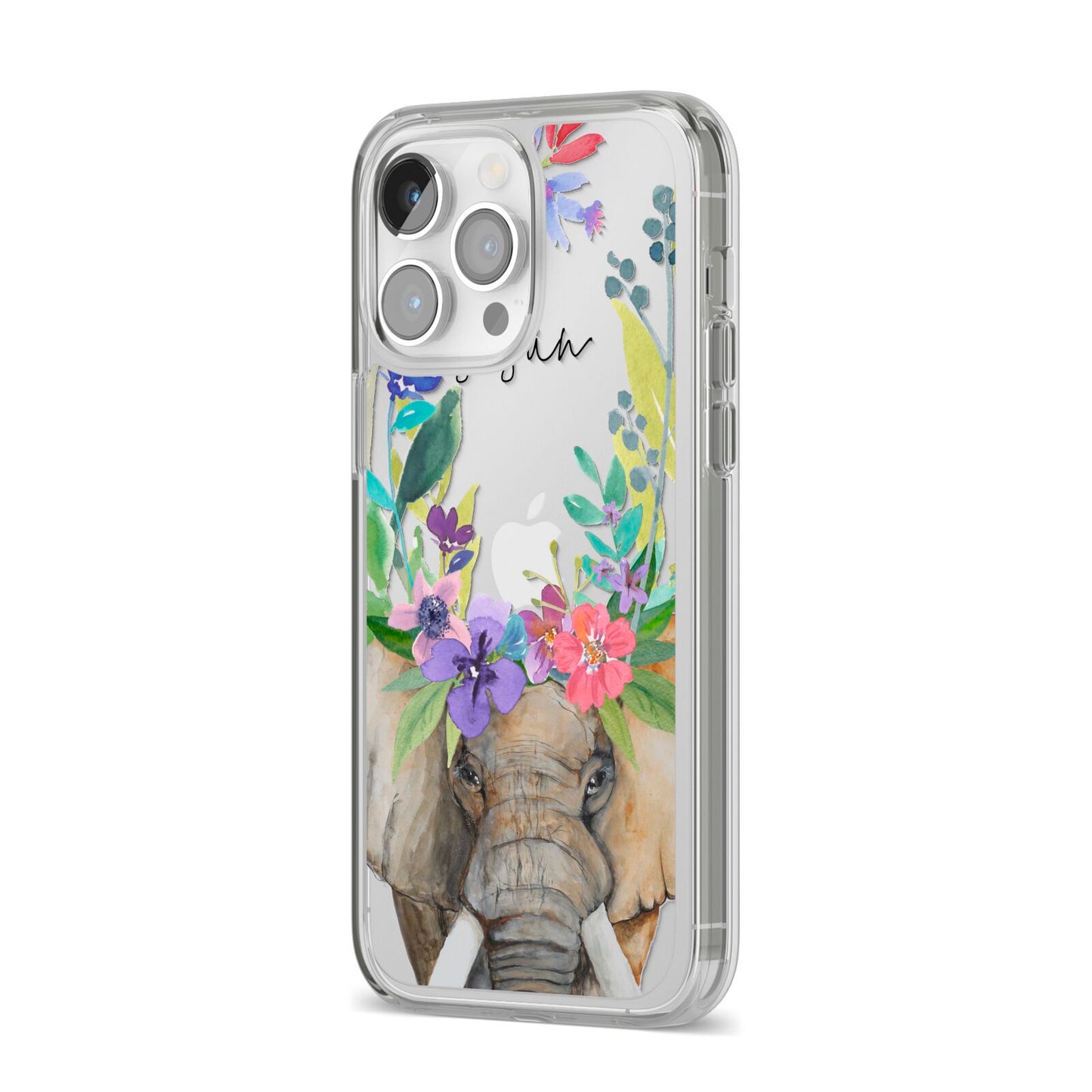 Personalised Elephant Floral iPhone 14 Pro Max Clear Tough Case Silver Angled Image