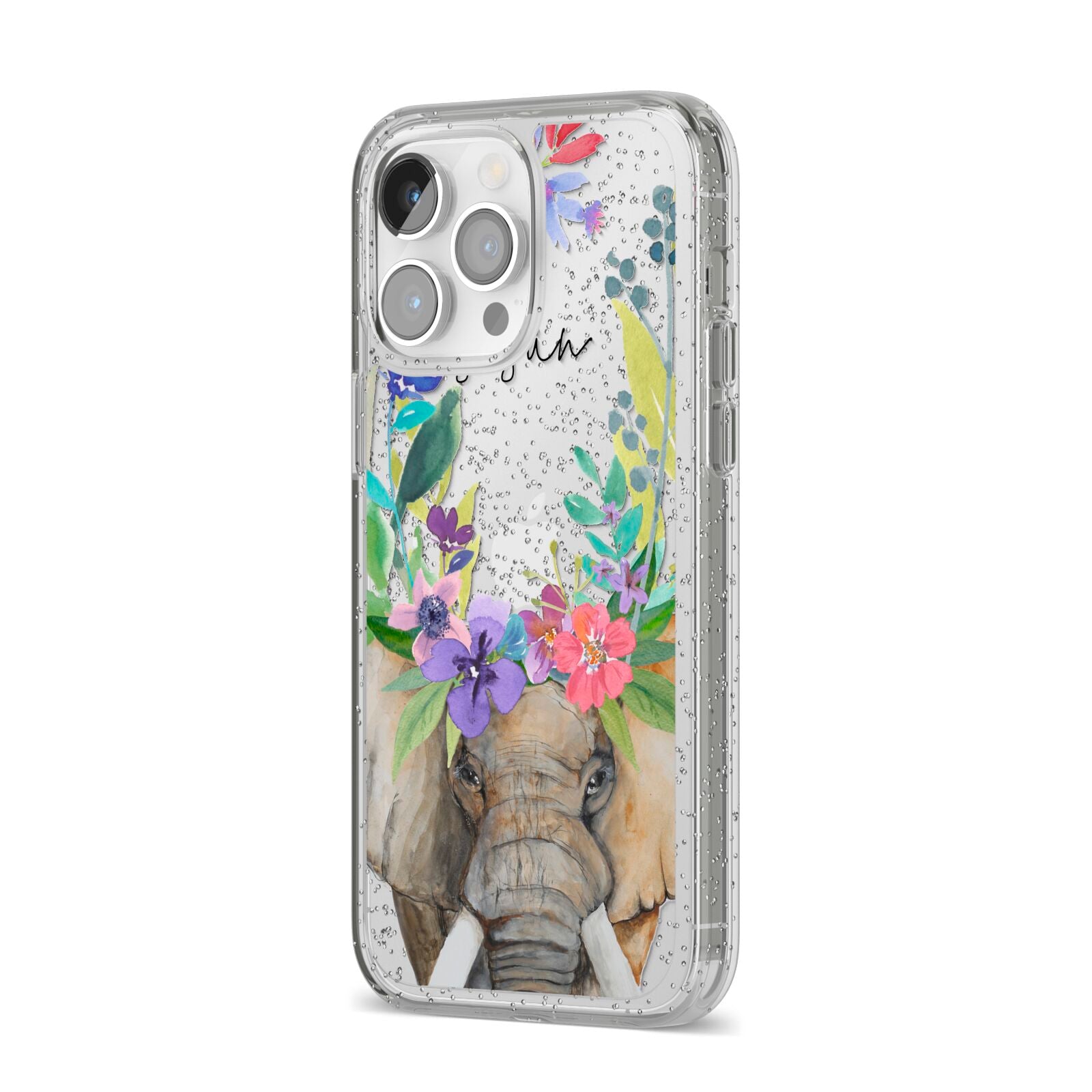 Personalised Elephant Floral iPhone 14 Pro Max Glitter Tough Case Silver Angled Image