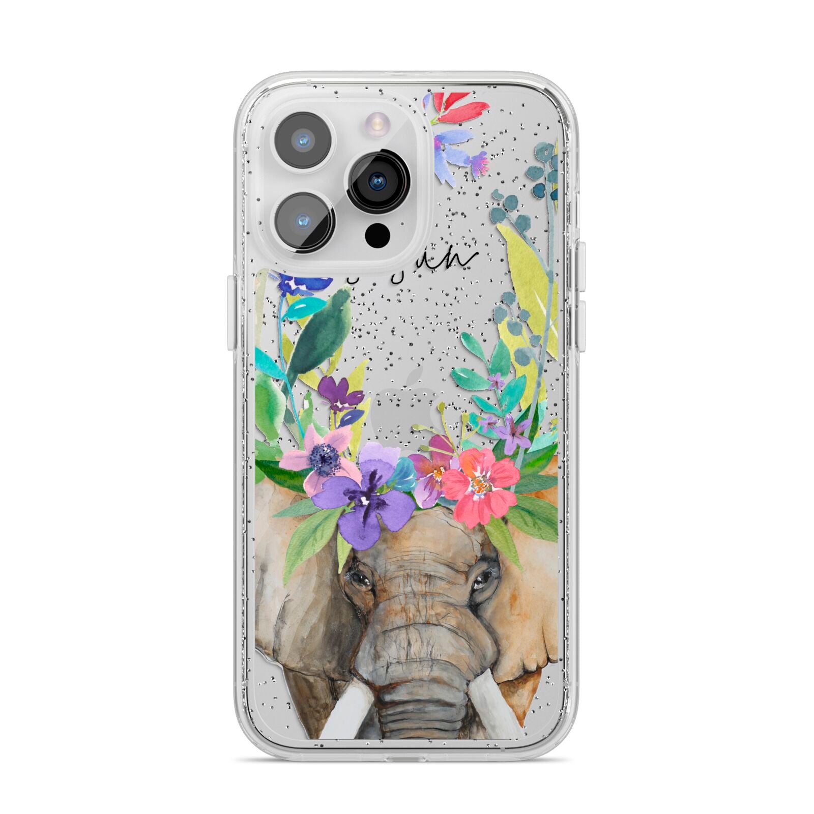 Personalised Elephant Floral iPhone 14 Pro Max Glitter Tough Case Silver