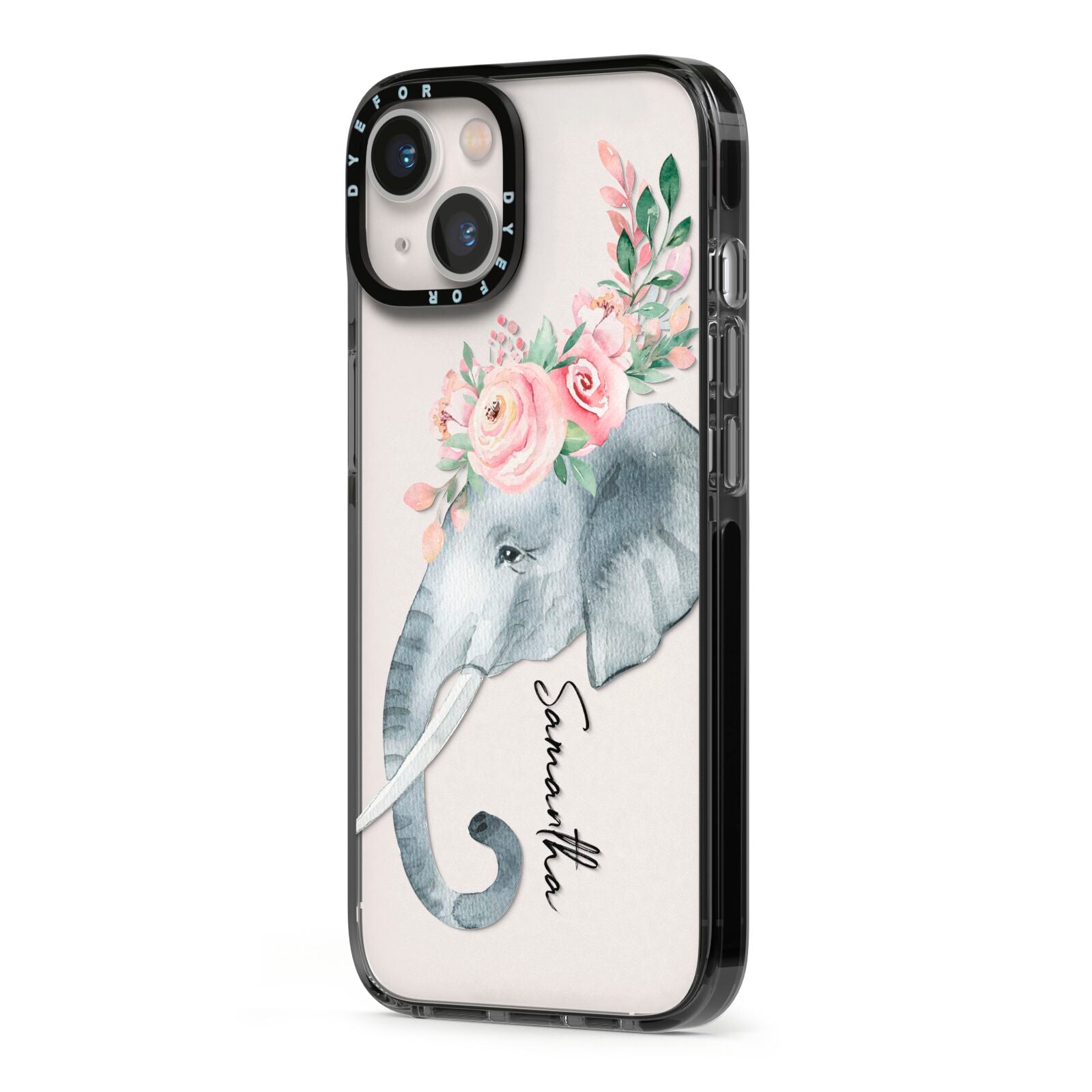 Personalised Elephant iPhone 13 Black Impact Case Side Angle on Silver phone