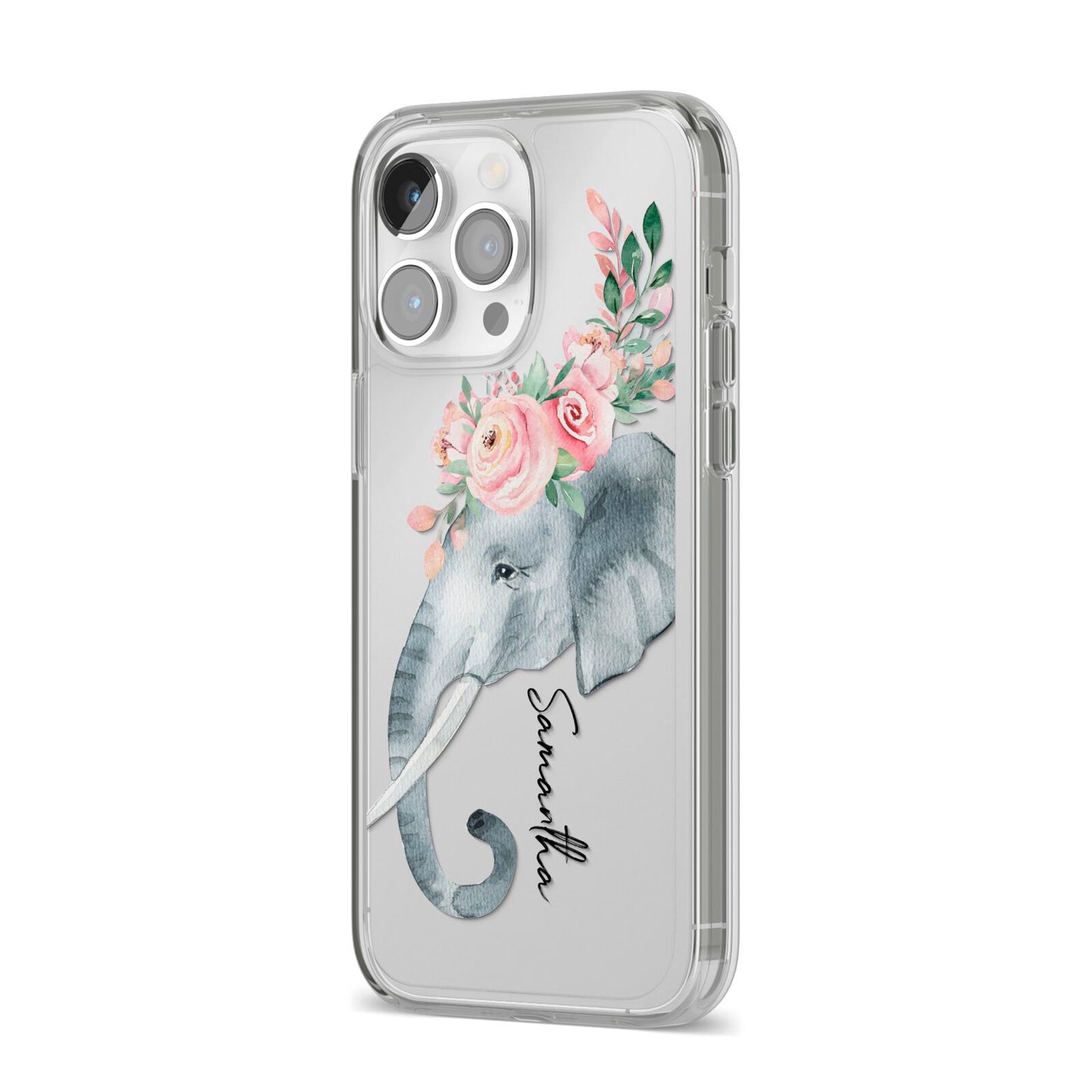 Personalised Elephant iPhone 14 Pro Max Clear Tough Case Silver Angled Image