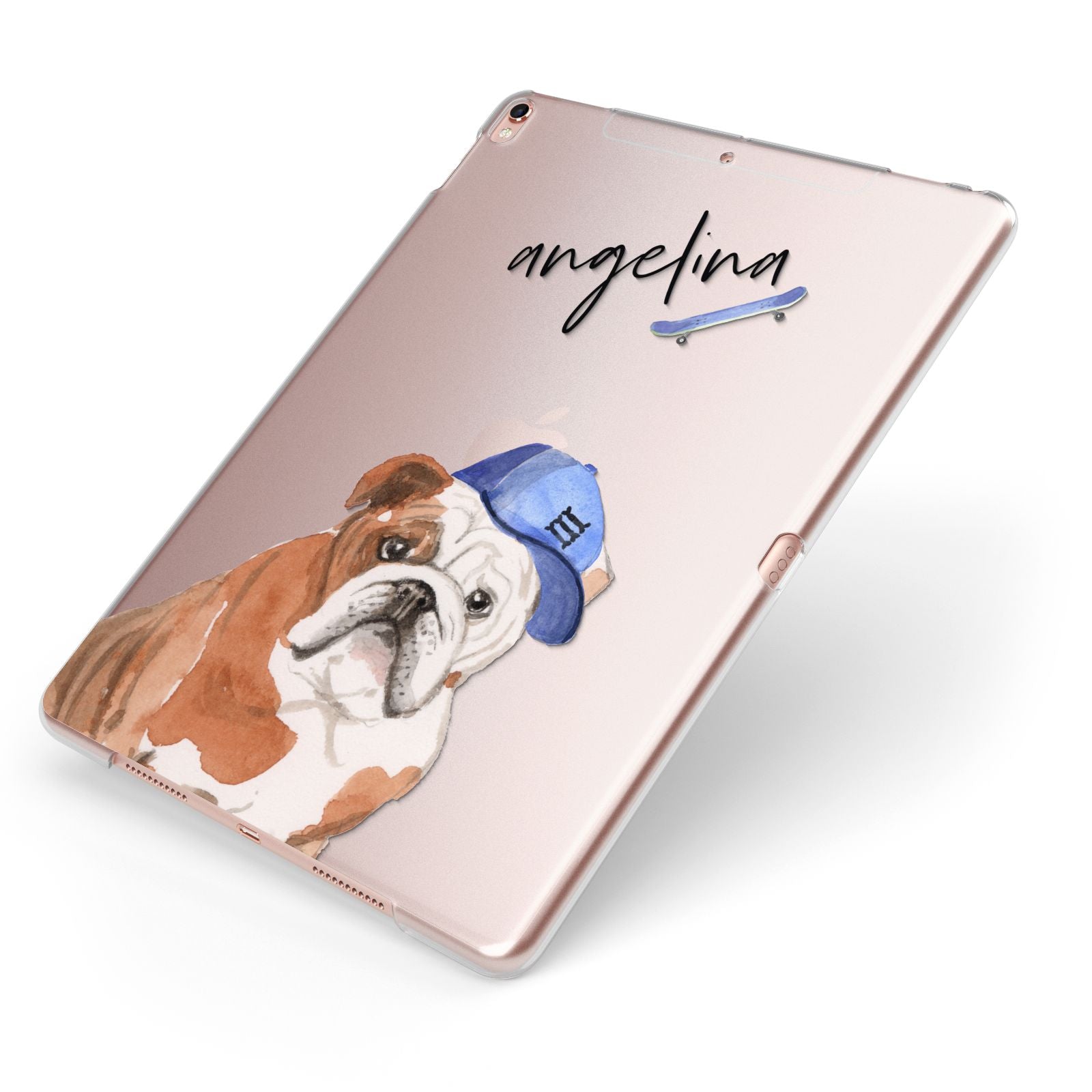 Personalised English Bulldog Apple iPad Case on Rose Gold iPad Side View