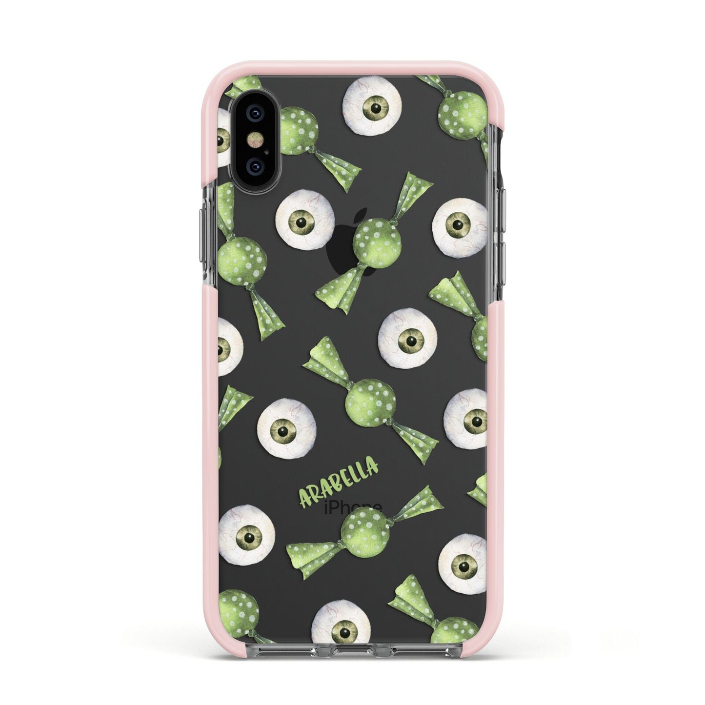 Personalised Eye Candy Halloween Apple iPhone Xs Impact Case Pink Edge on Black Phone